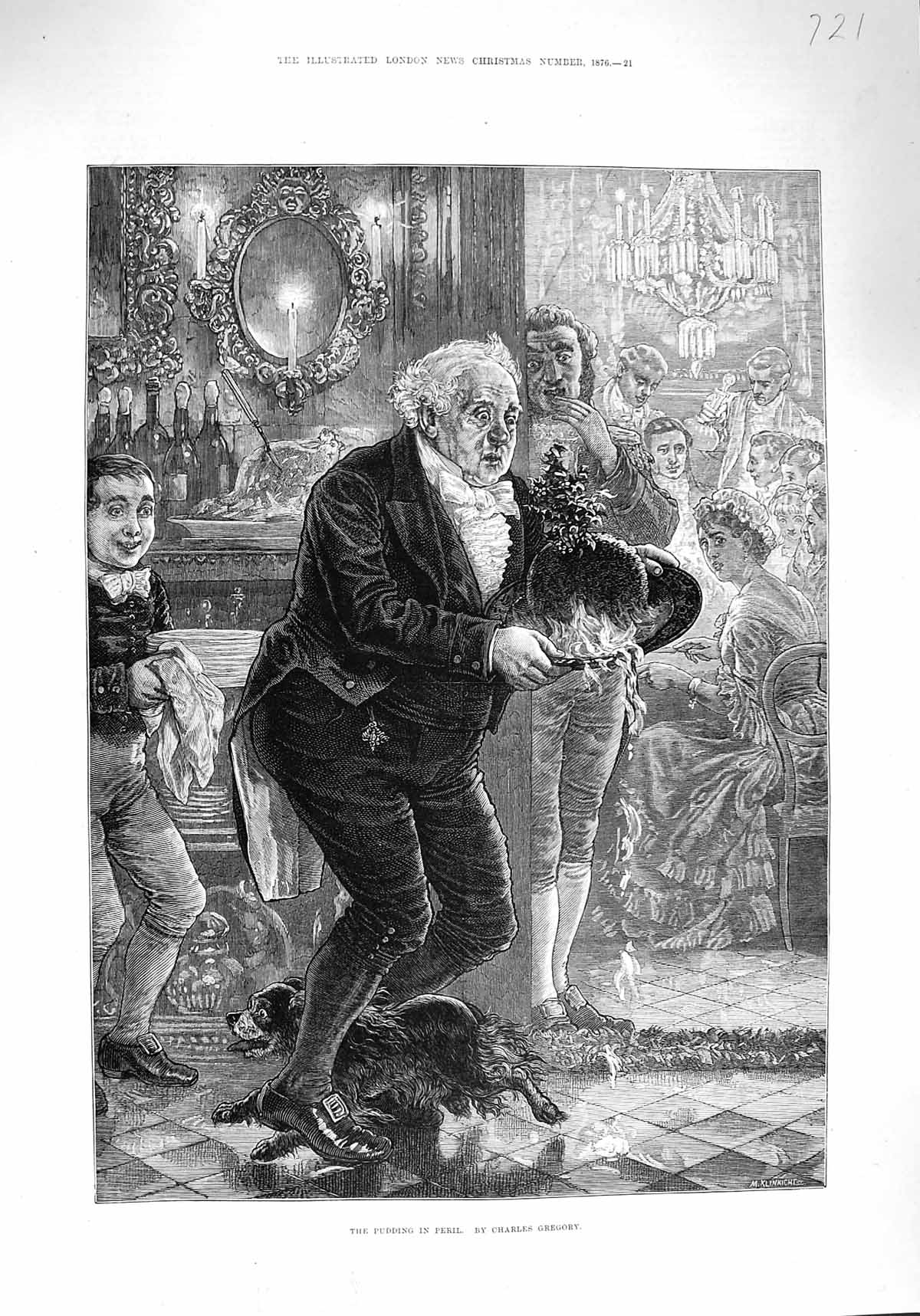 Old Antique Print 1876 Pudding Peril Man Christmas Tripping Dog Gregory 19th