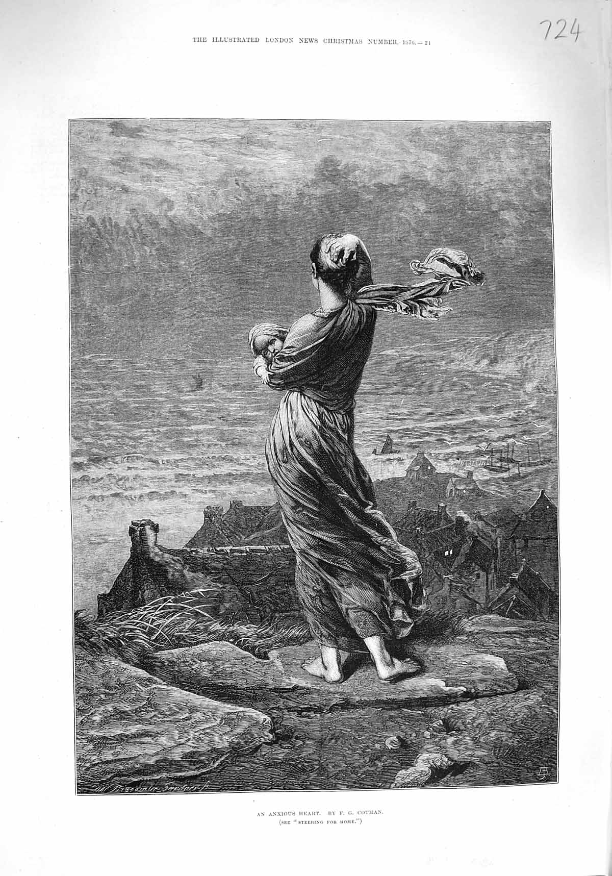 Original Old Antique Print 1876 Woman Waiting Sea Anxious Heart Fishing Boat