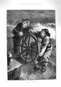 Original Old Antique Print 1876 Fine Art Scene Board Fishing Boat Steering Home