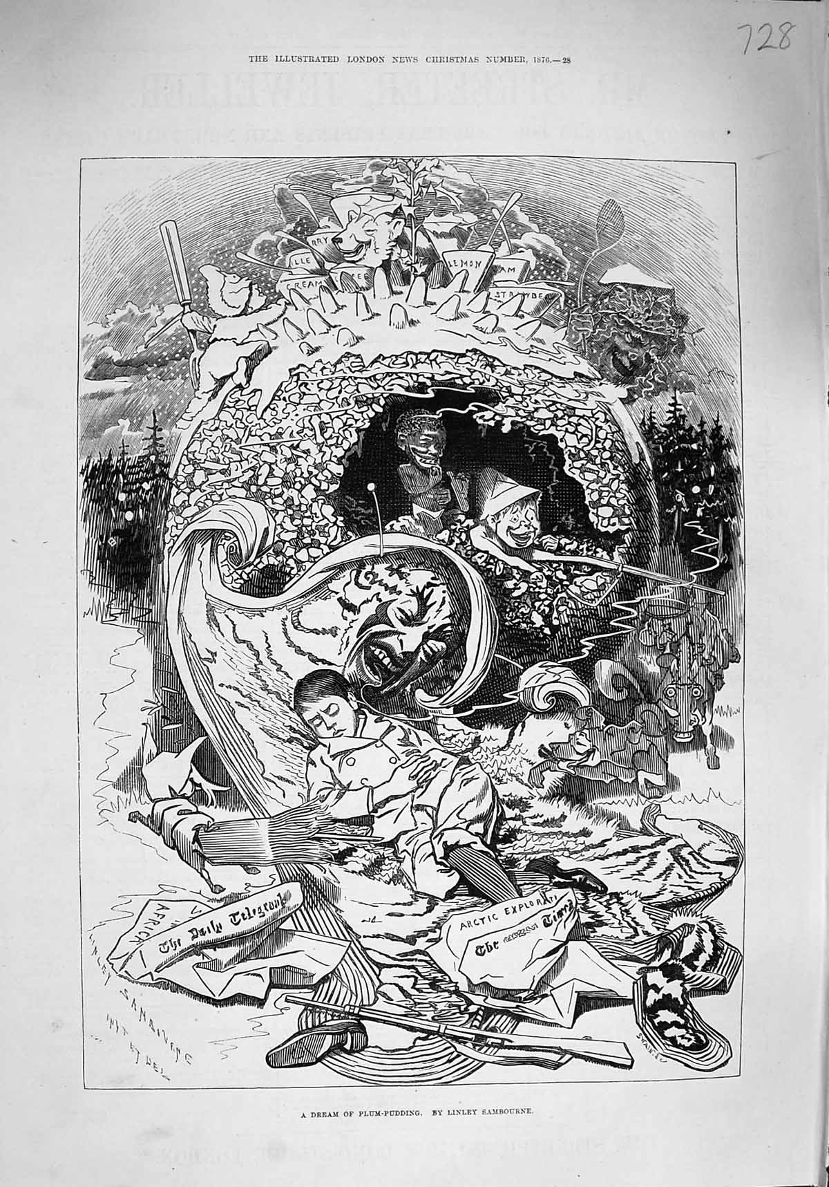 Original Old Antique Print 1876 Dream Plum Pudding Sleeping Boy 19th