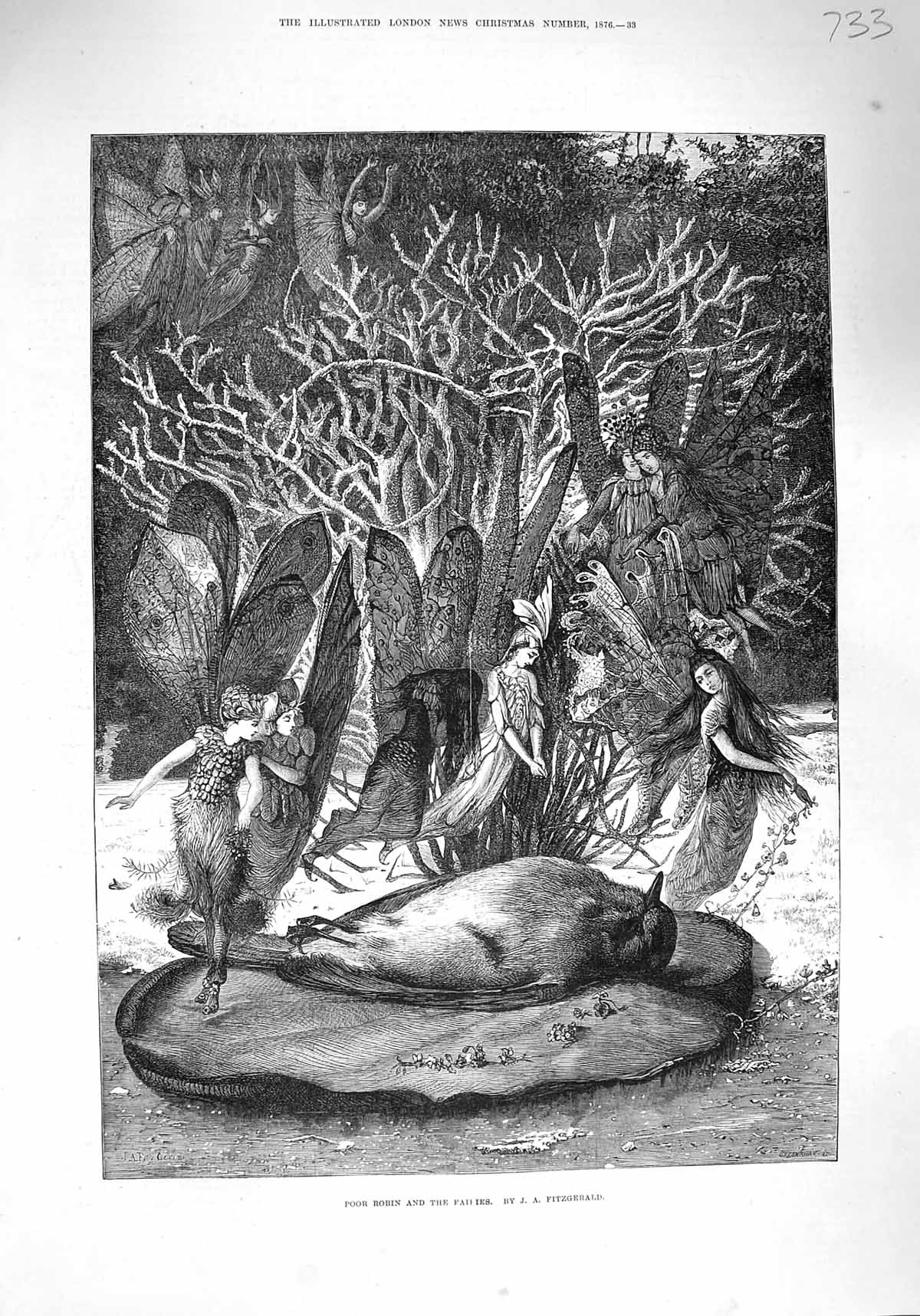 Original Old Antique Print 1876 Poor Robin Fairies Deab Bird Fine Art Fit 19th