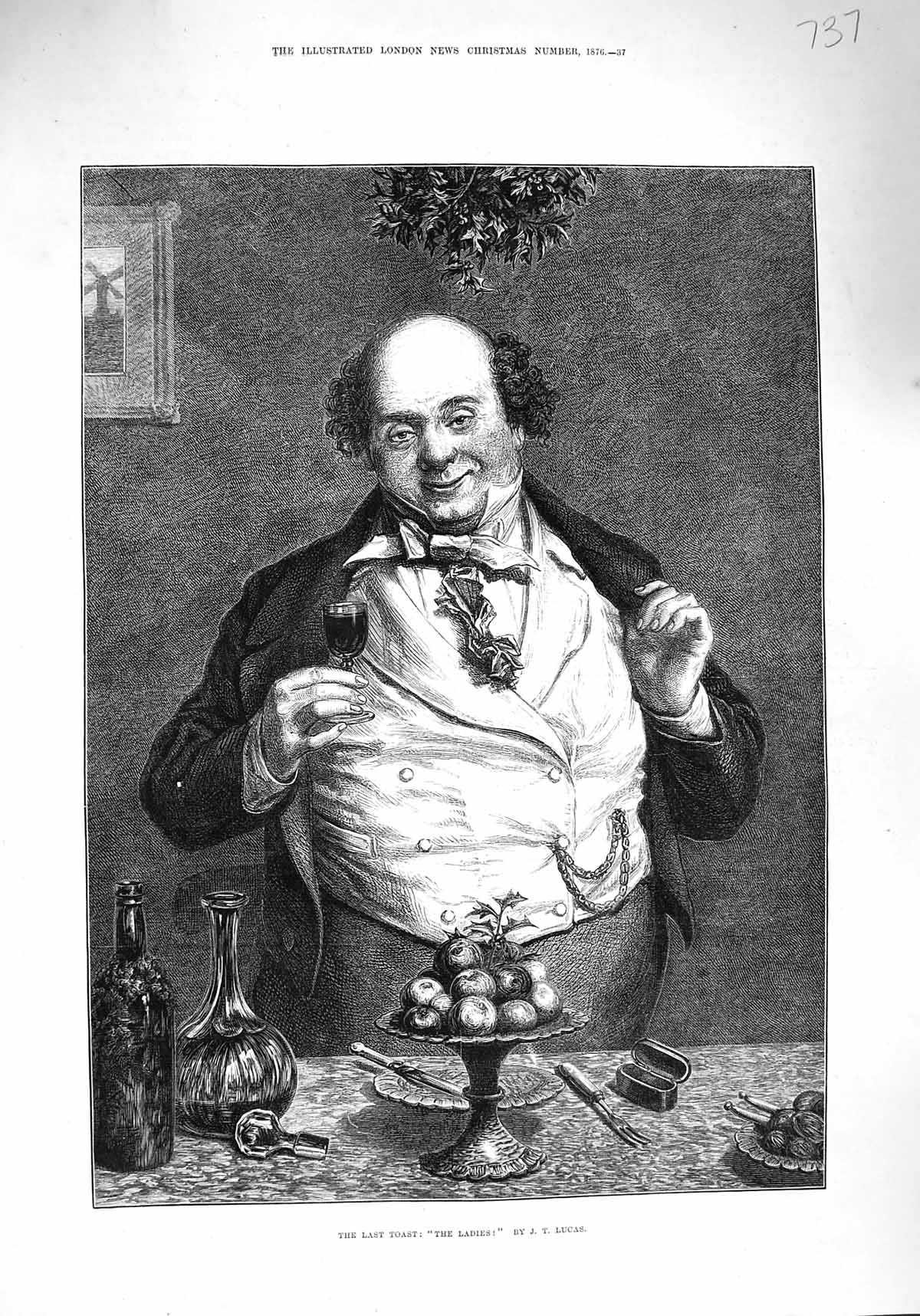 Original Old Antique Print 1876 Fine Art Portrait Last Toast Man Raising Glass