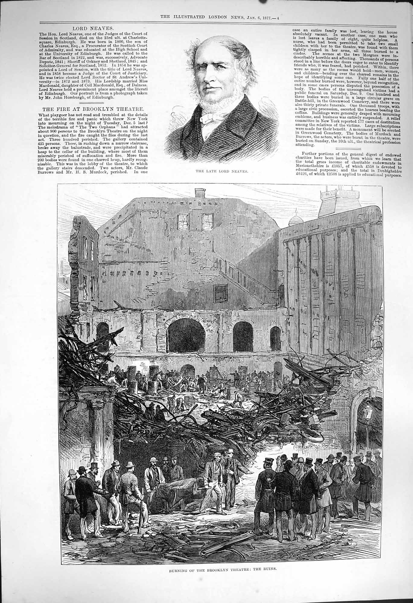 Original Old Antique Print 1877 Lord Neaves Burning Brooklyn Theatre Ruins Fire