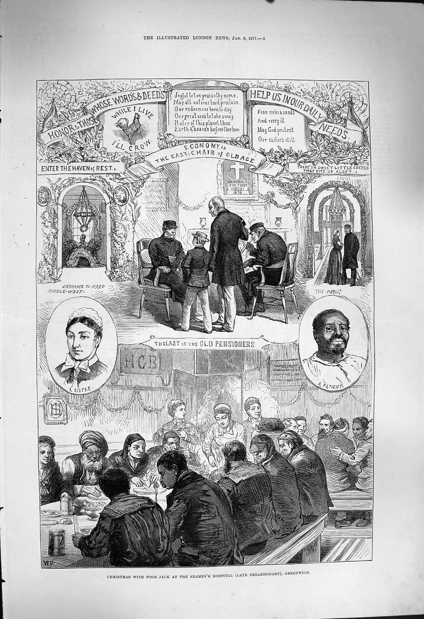 Original Old Antique Print 1877 Christmas Poor Jack Seamans Hospital Greenwich