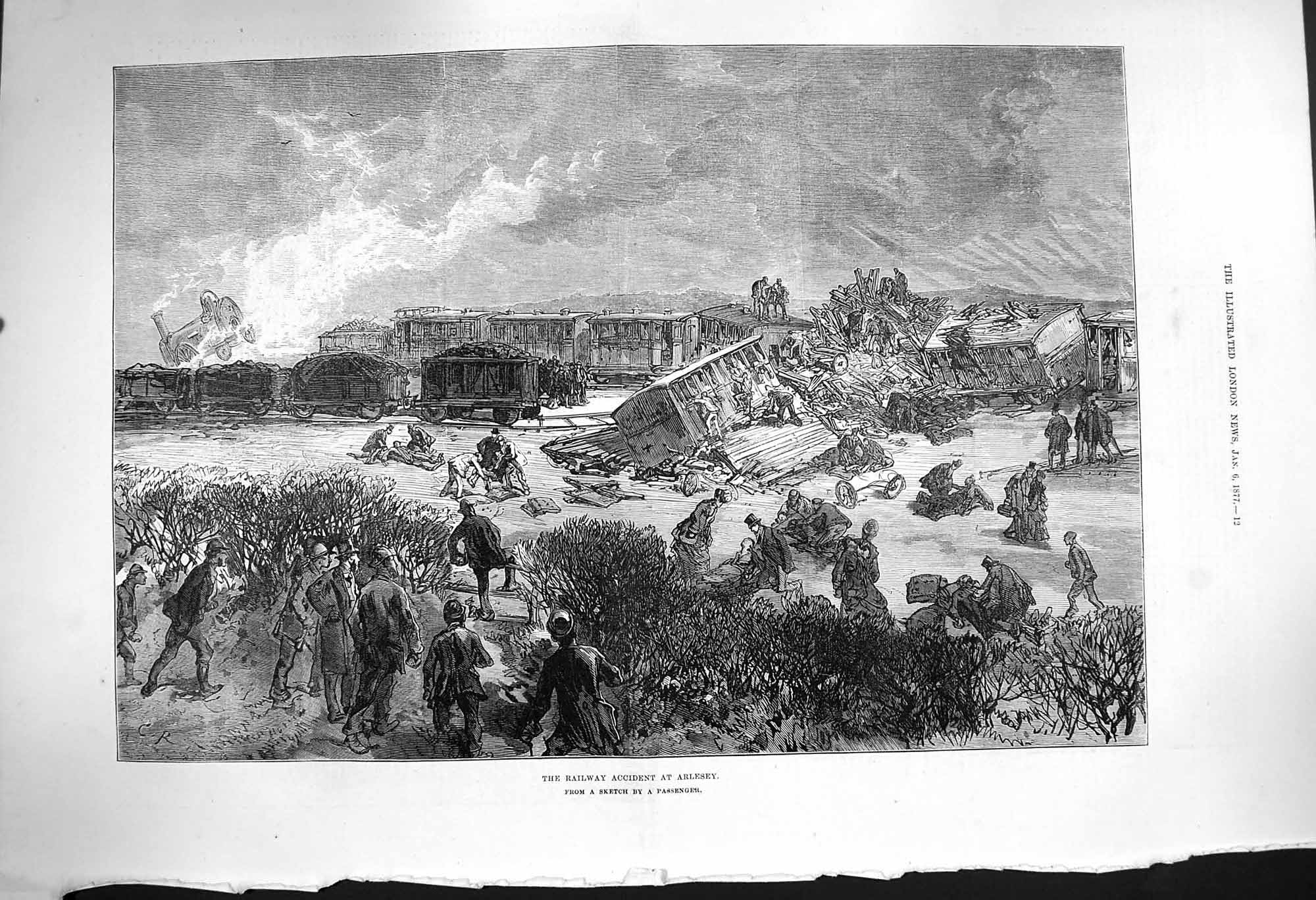 Original Old Antique Print 1877 Railway Accident Arlesey Train Crash F Victorian