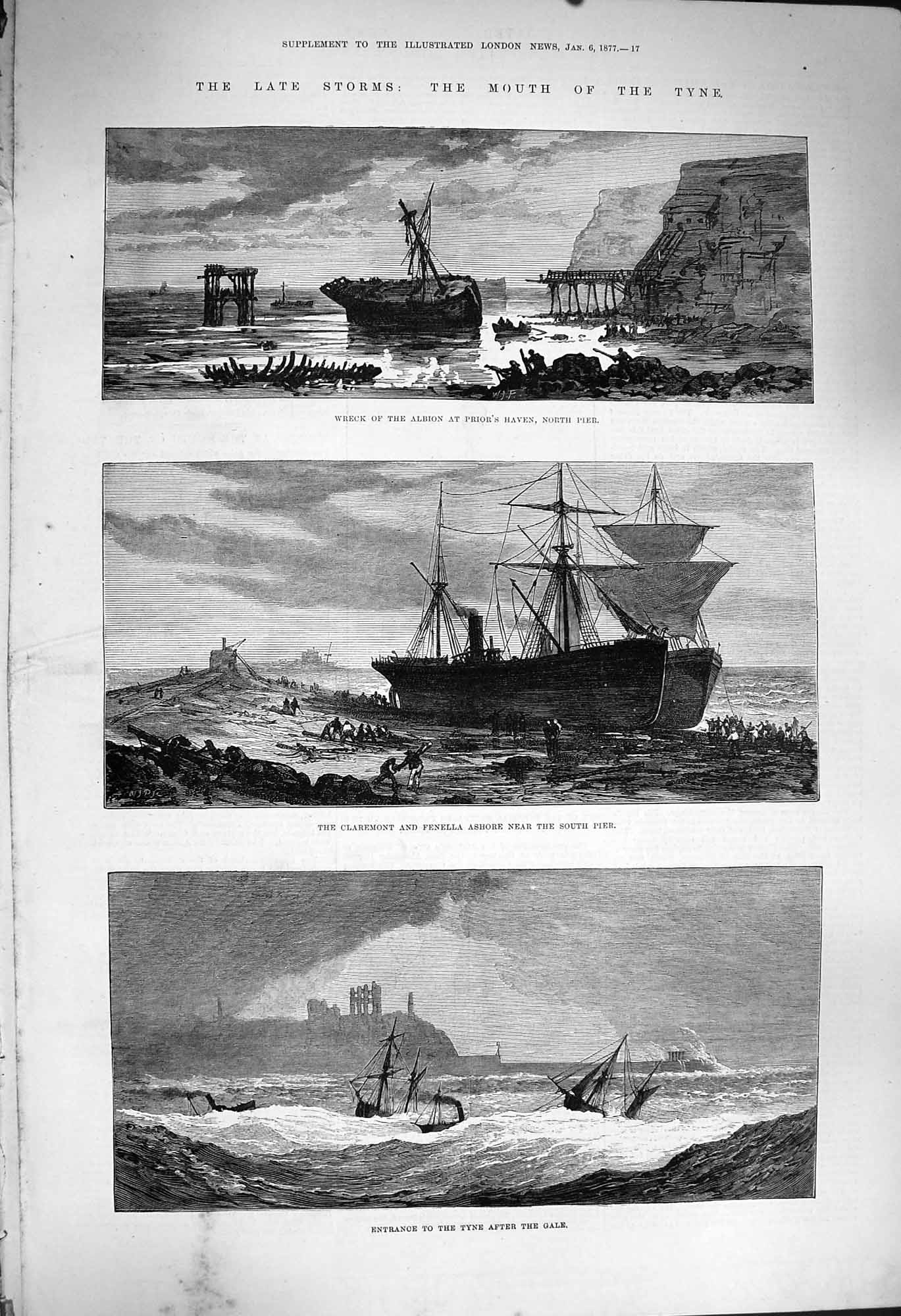 Old Antique Print 1877 Ship Wreck Albion Priors Haven Claremont Fenella 19th