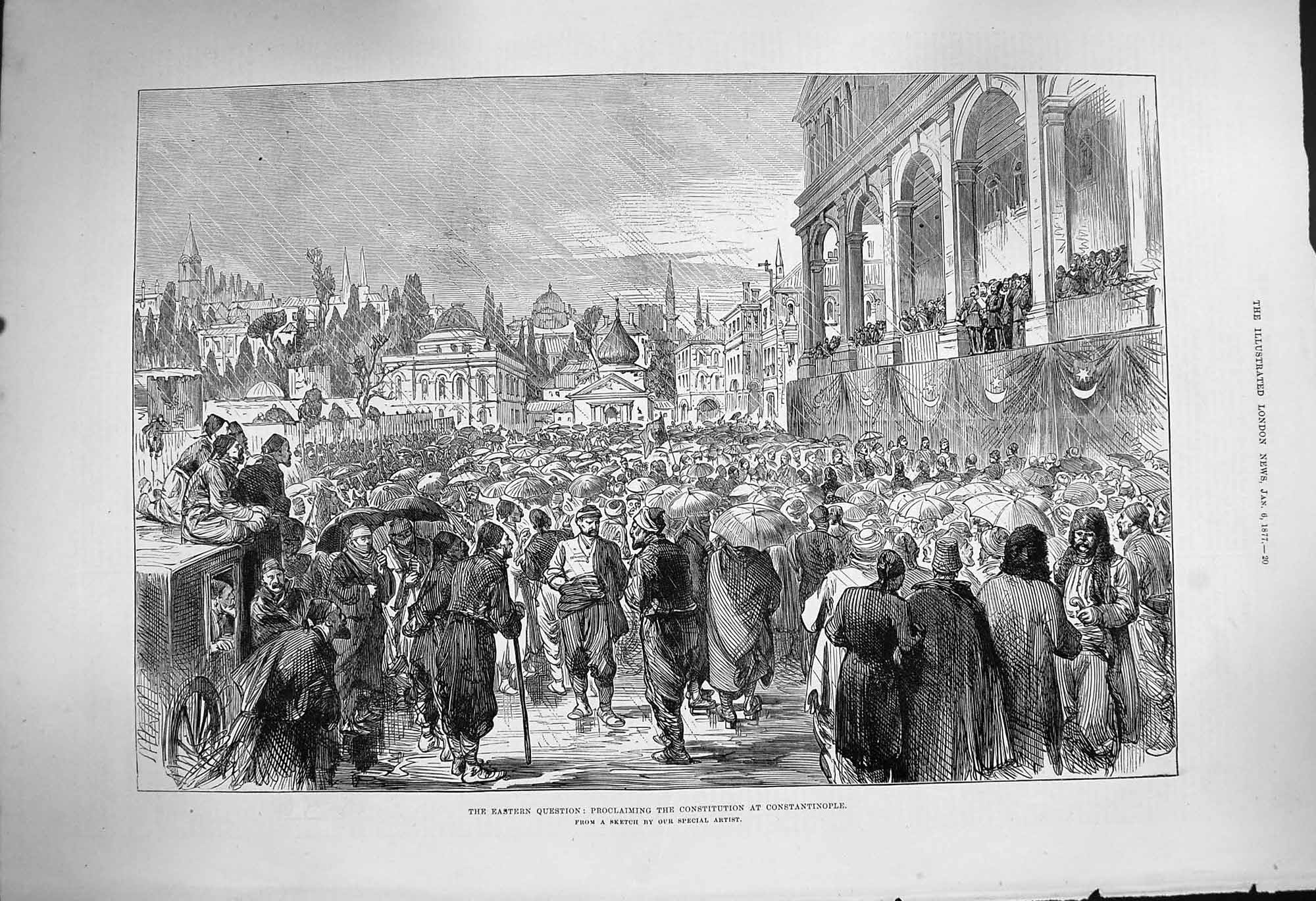 Original Old Antique Print 1877 Proclaiming Constitution Constantinople People