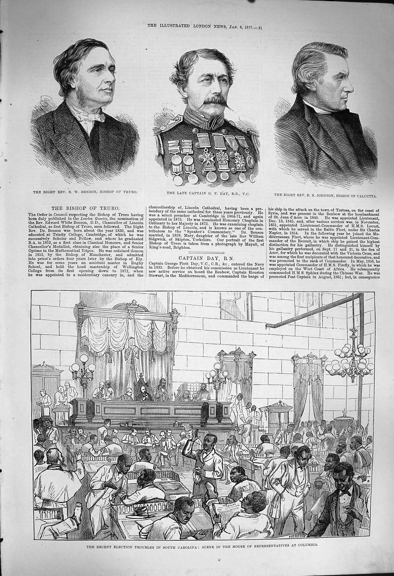 Original Old Antique Print 1877 Election Carolina Columbia Benson Day Johnson