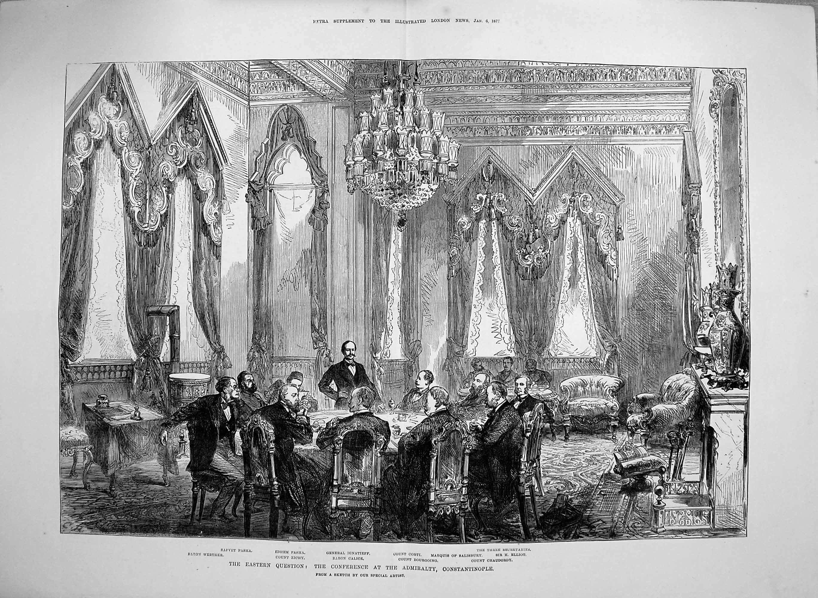 Old Antique Print 1877 Constantinople Pasha Ignatieff Salisbury Elliot 0 19th