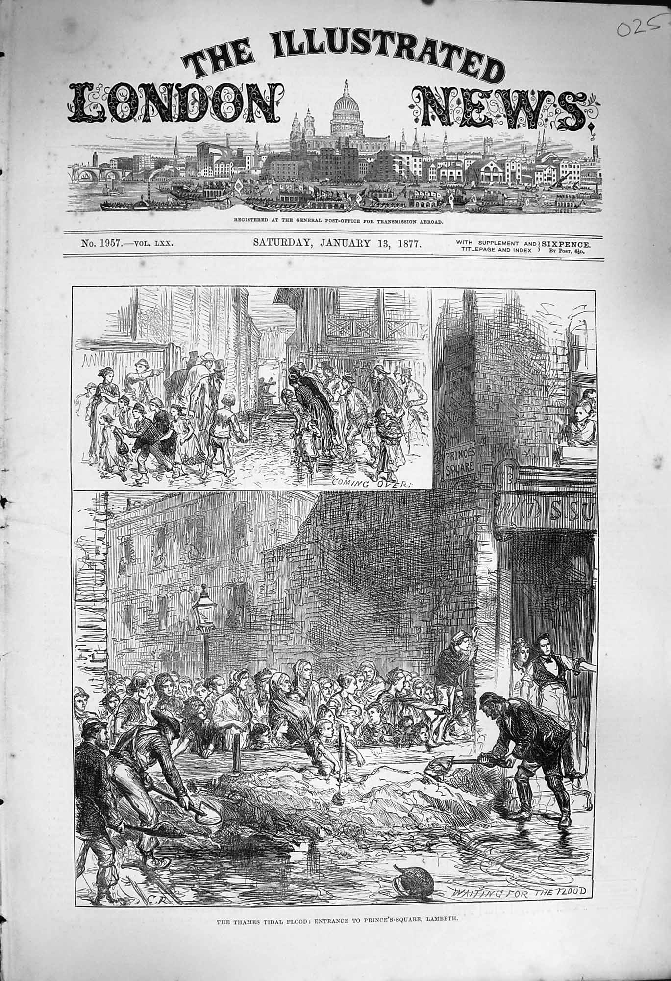 Old Antique Print 1877 River Thames Tidal Floods Prince'S-Square Lambeth 19th