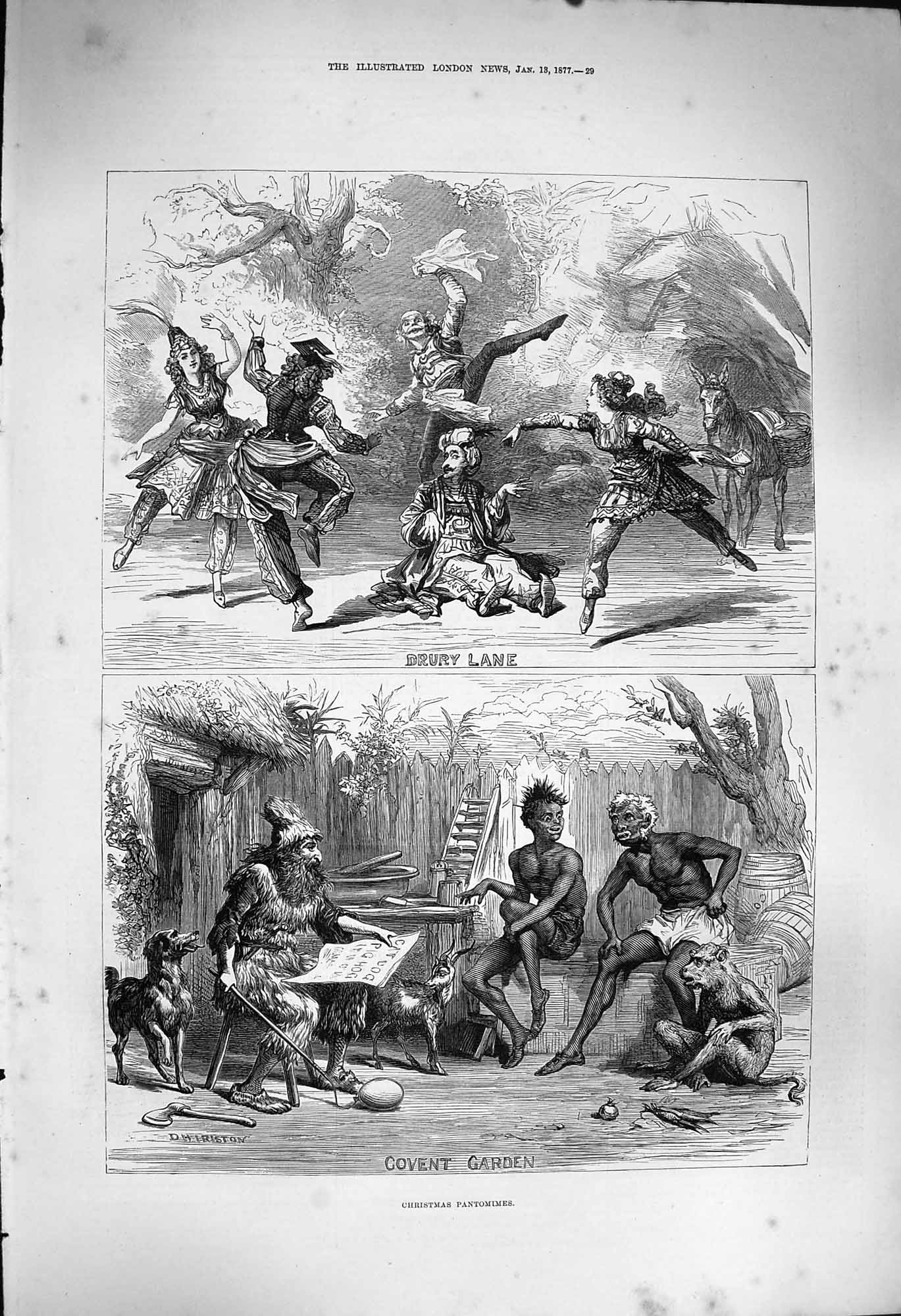 Original Old Antique Print 1877 Christmas Pantomimes Theatre Covent Drury Lane