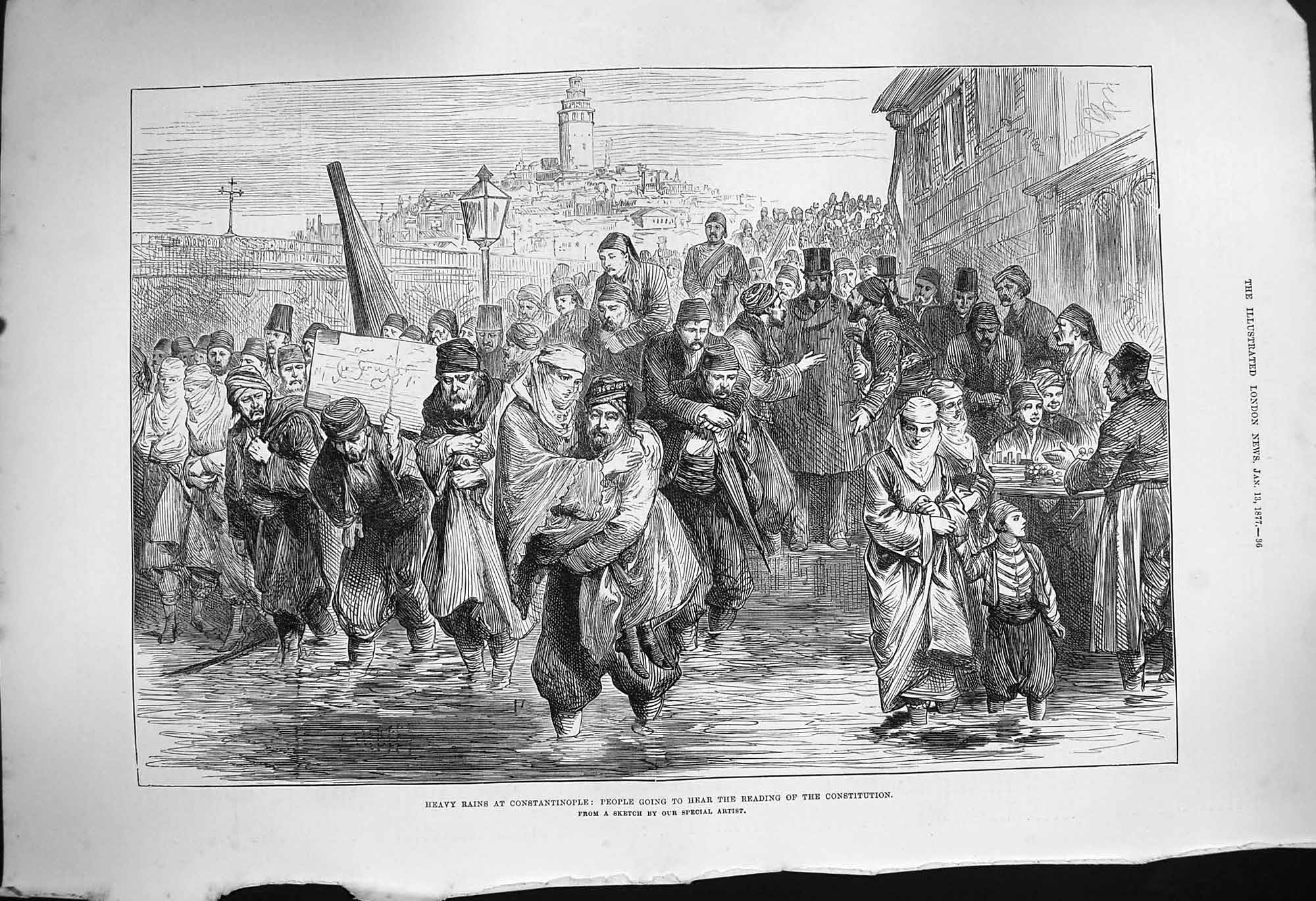 Original Old Antique Print 1877 Heavy Rain Constantinople People Street Scene