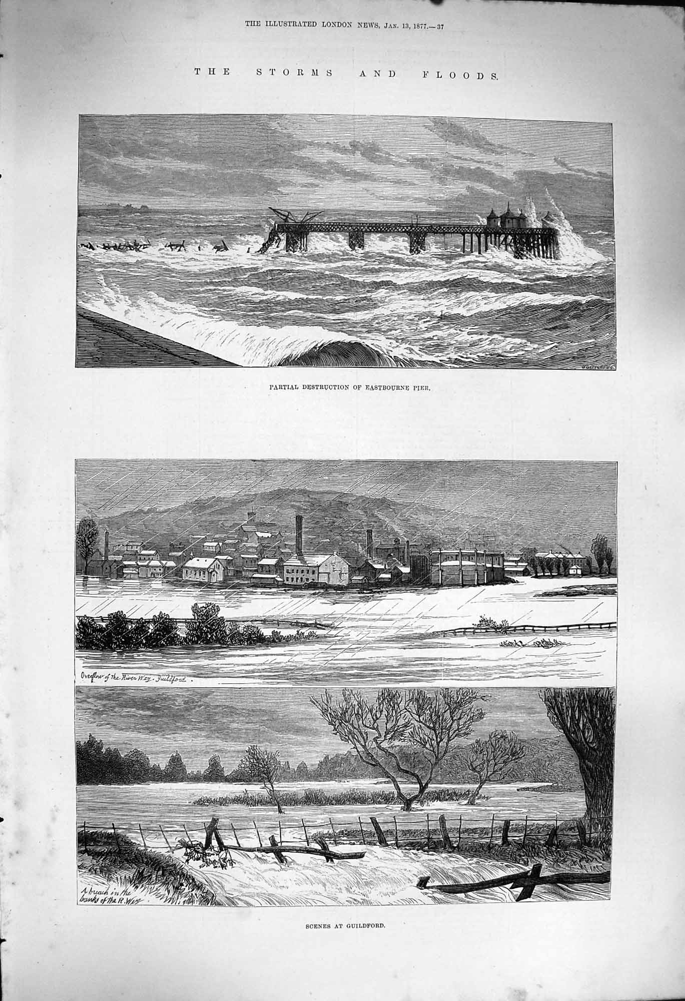 Original Old Antique Print 1877 Floods Eastbourne Pier Guildford Lincoln River