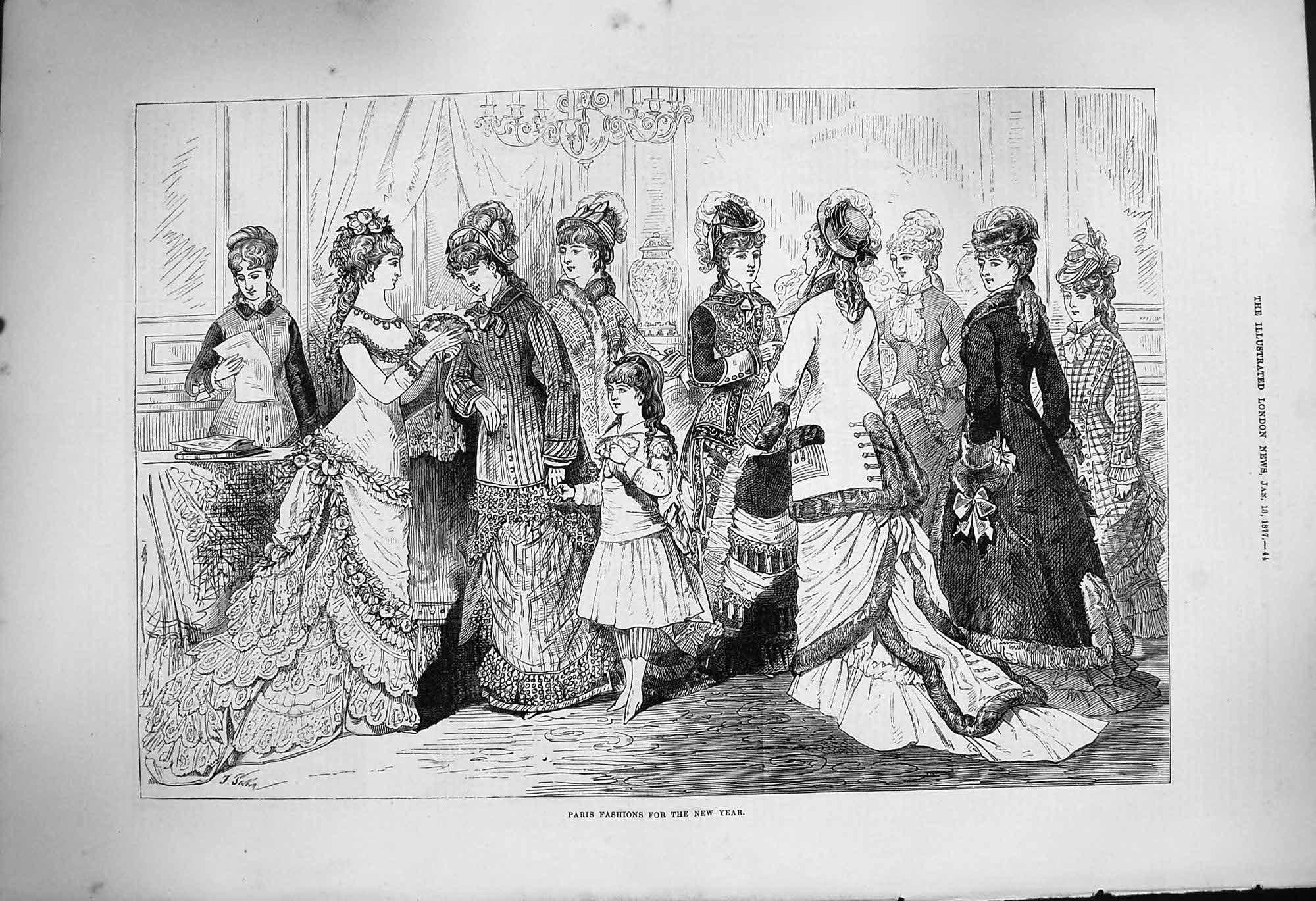 Original Old Antique Print 1877 Paris Fashion New Year Ladies Dresses Hats 19th