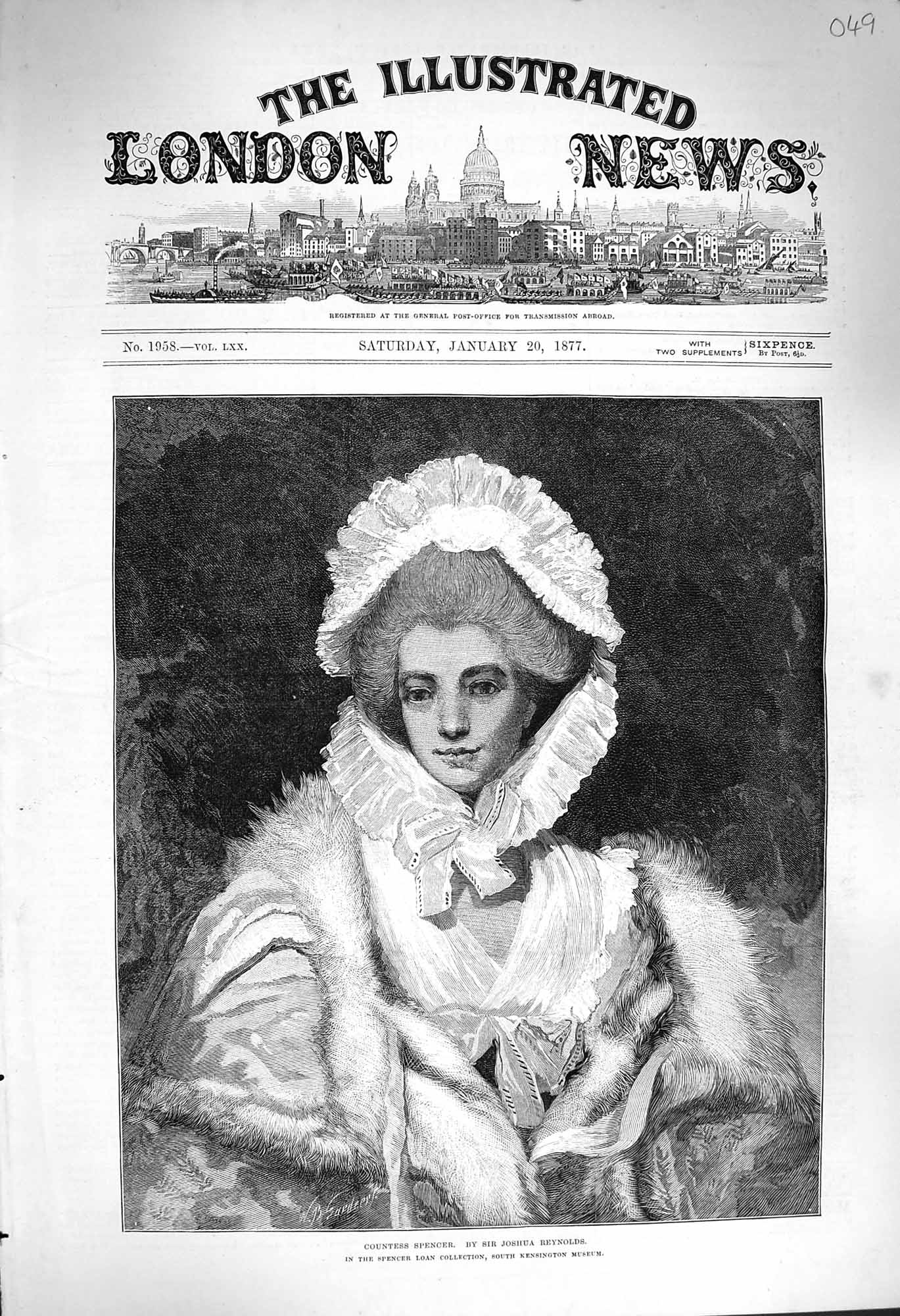 Original Old Antique Print 1877 Portrait Countess Spencer Joshua Reyns 19th