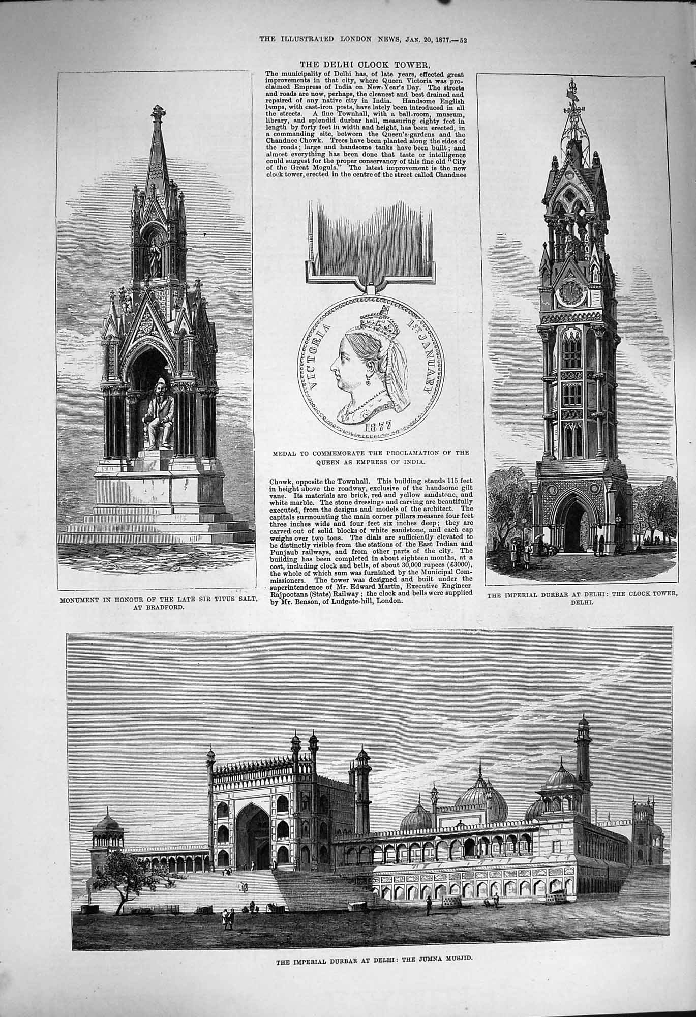 Original Old Antique Print 1877 Imperial Durbar Delhi Jumna Musjid Titus Salt
