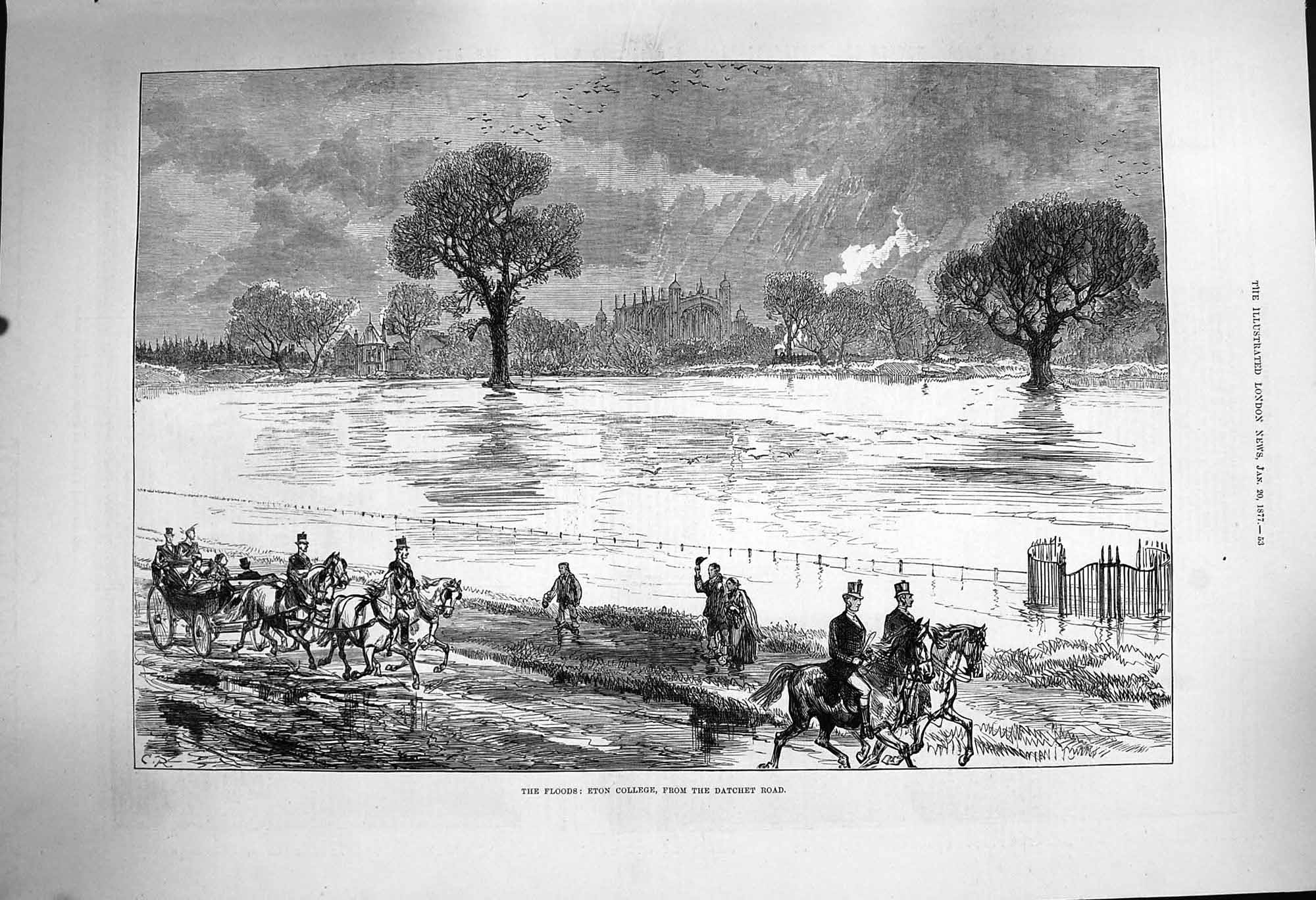 Original Old Antique Print 1877 Floods River Thames Eton College Datchet Road