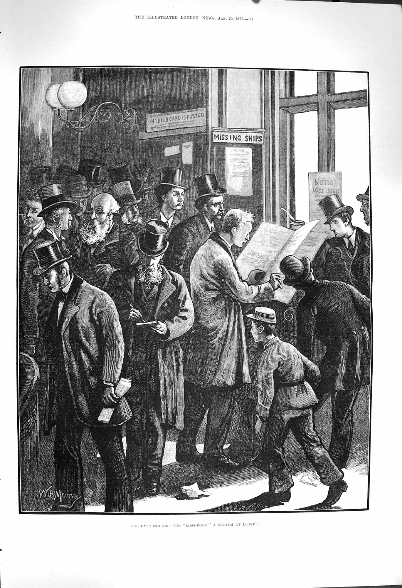 Original Old Antique Print 1877 Loss Book Storm Men Reading Top Hats Fine Art