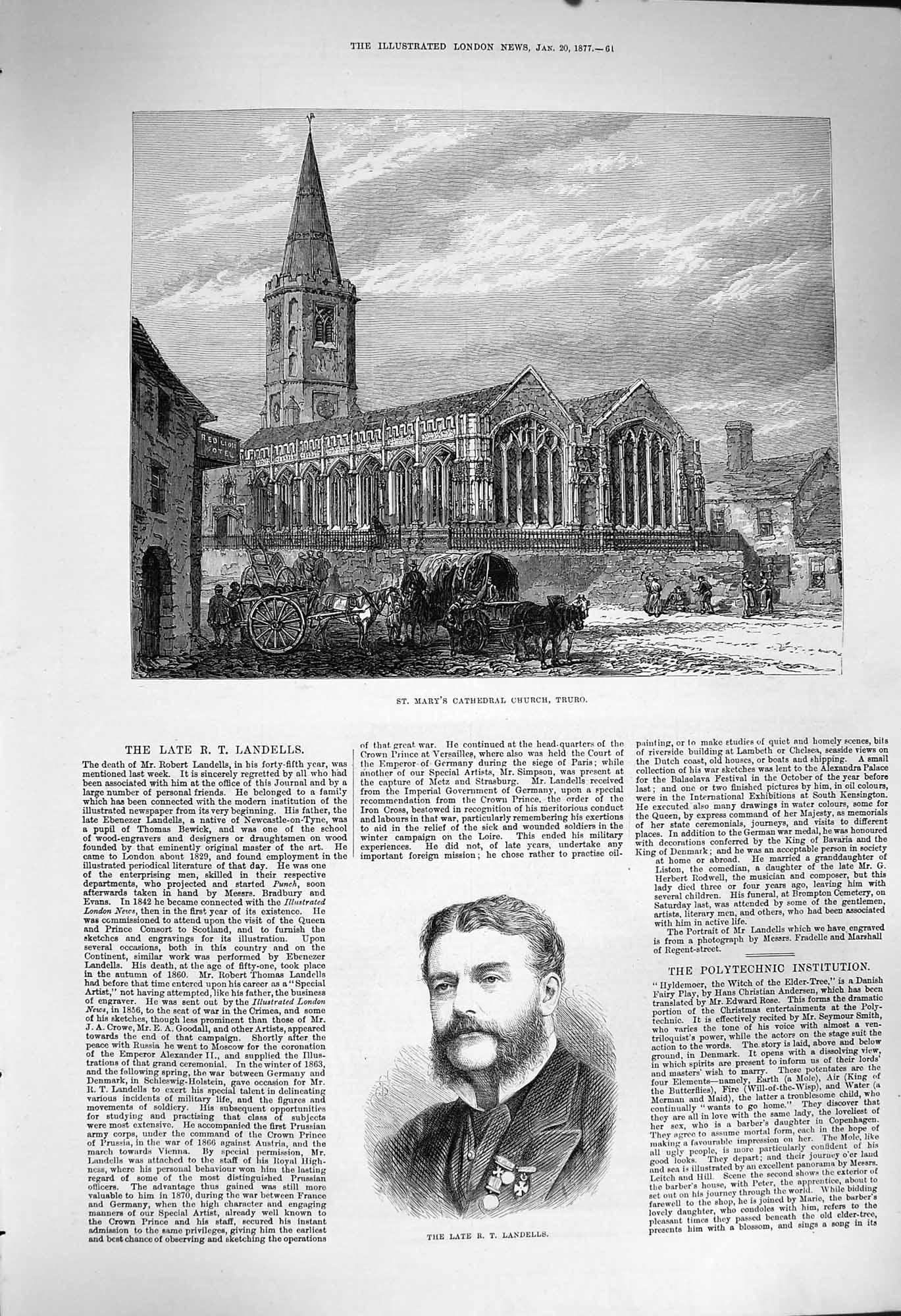 Old Antique Print 1877 St. Mary'S Cathedral Church Truro Robert Landells 19th