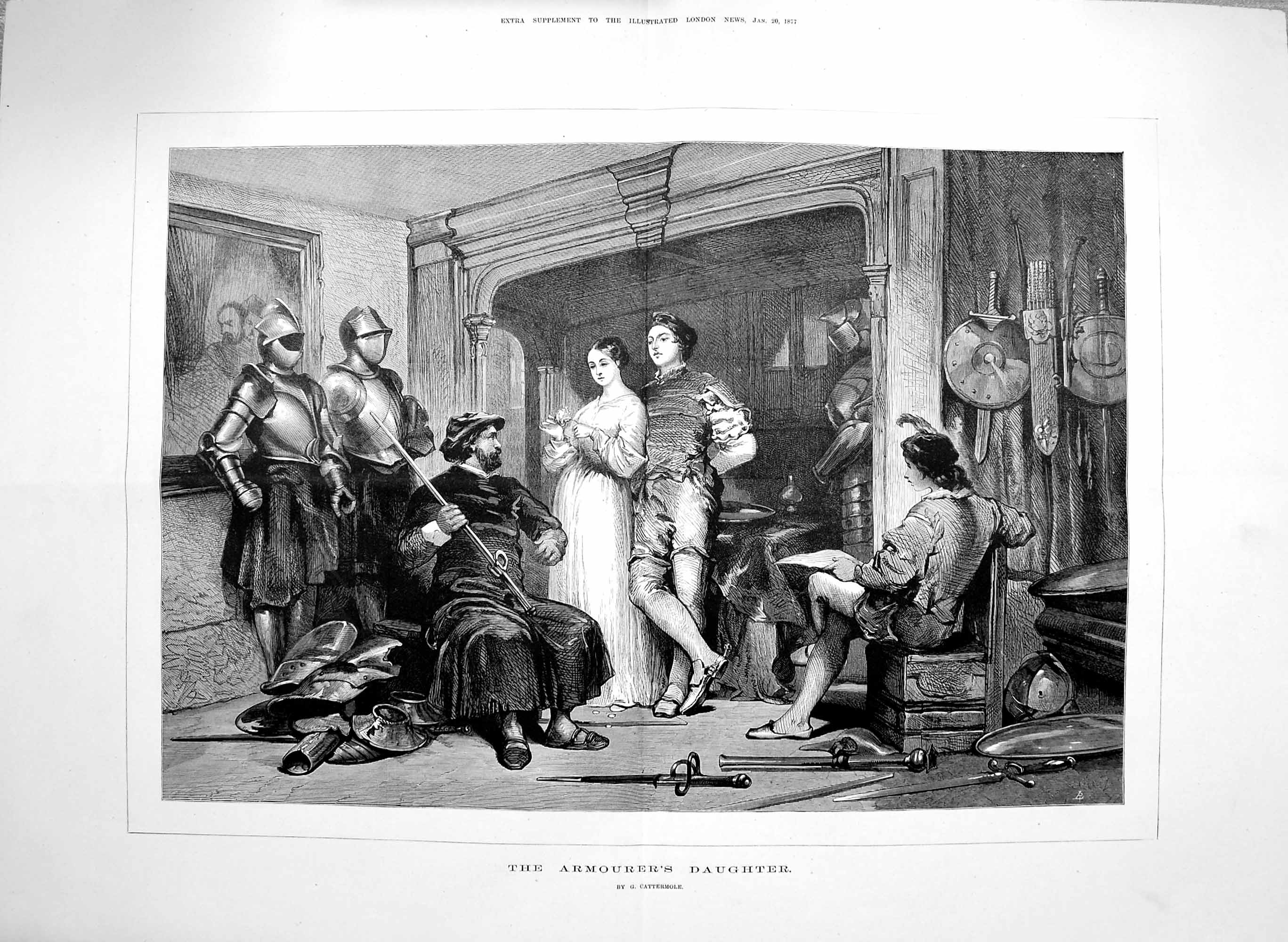 Old Antique Print 1877 Armourer'S Daughter Romance Cattermole Fine Art 0 19th