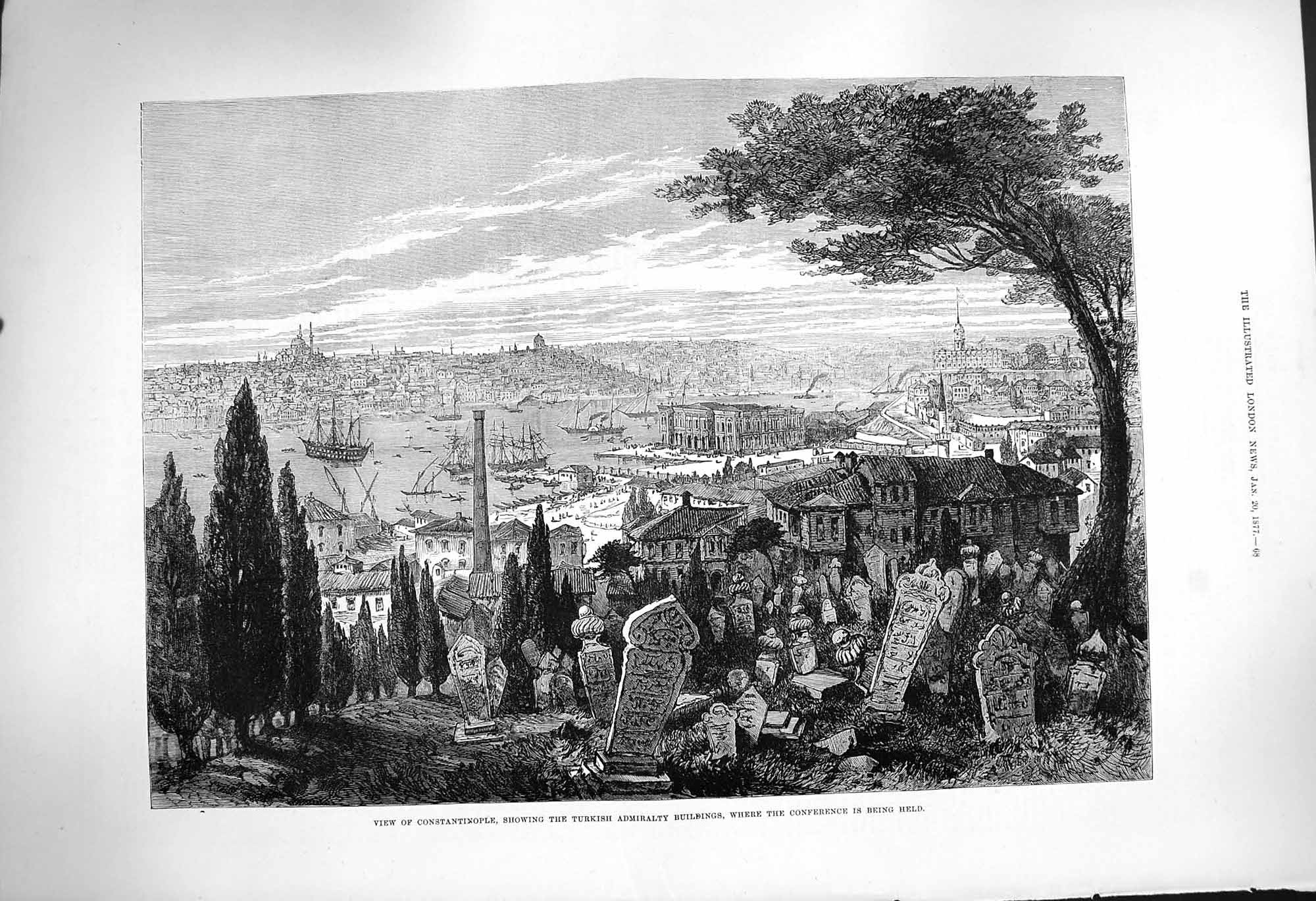 Original Old Antique Print 1877 Constantinople Turkish Admiralty Ships Fine Art