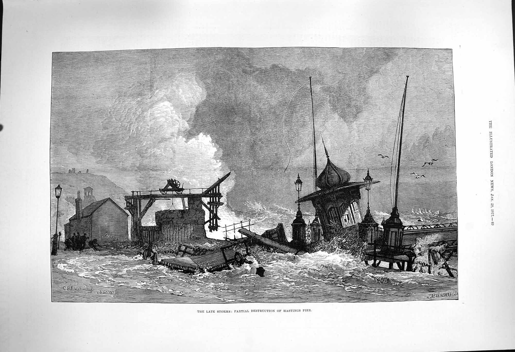 Original Old Antique Print 1877 Storm Partial Destruction Hastings Pier England