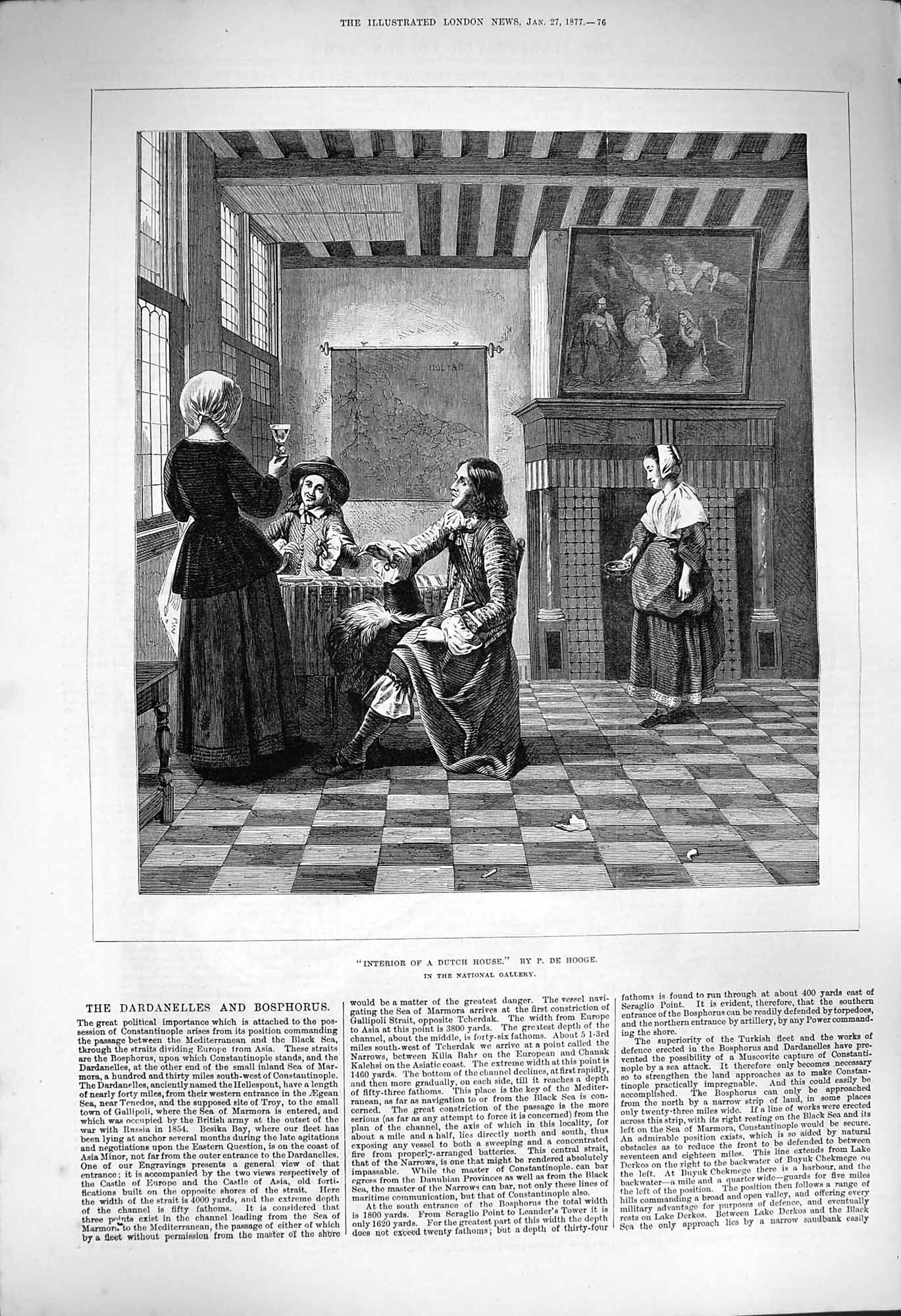 Original Old Antique Print 1877 Interior Dutch House Men Table Ladies Victorian