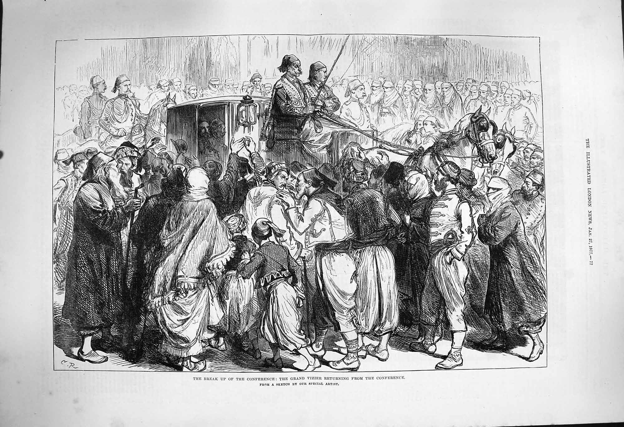 Old Antique Print 1877 Grand Vicier Carriage Horses Returning Conference 19th
