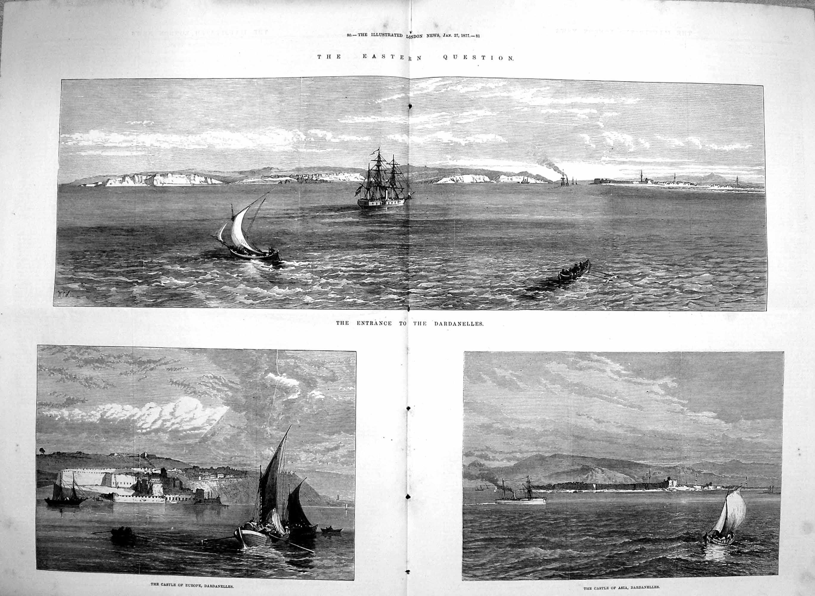 Original Old Antique Print 1877 Dardanelles Castle Europe Castle Asia Ships 0