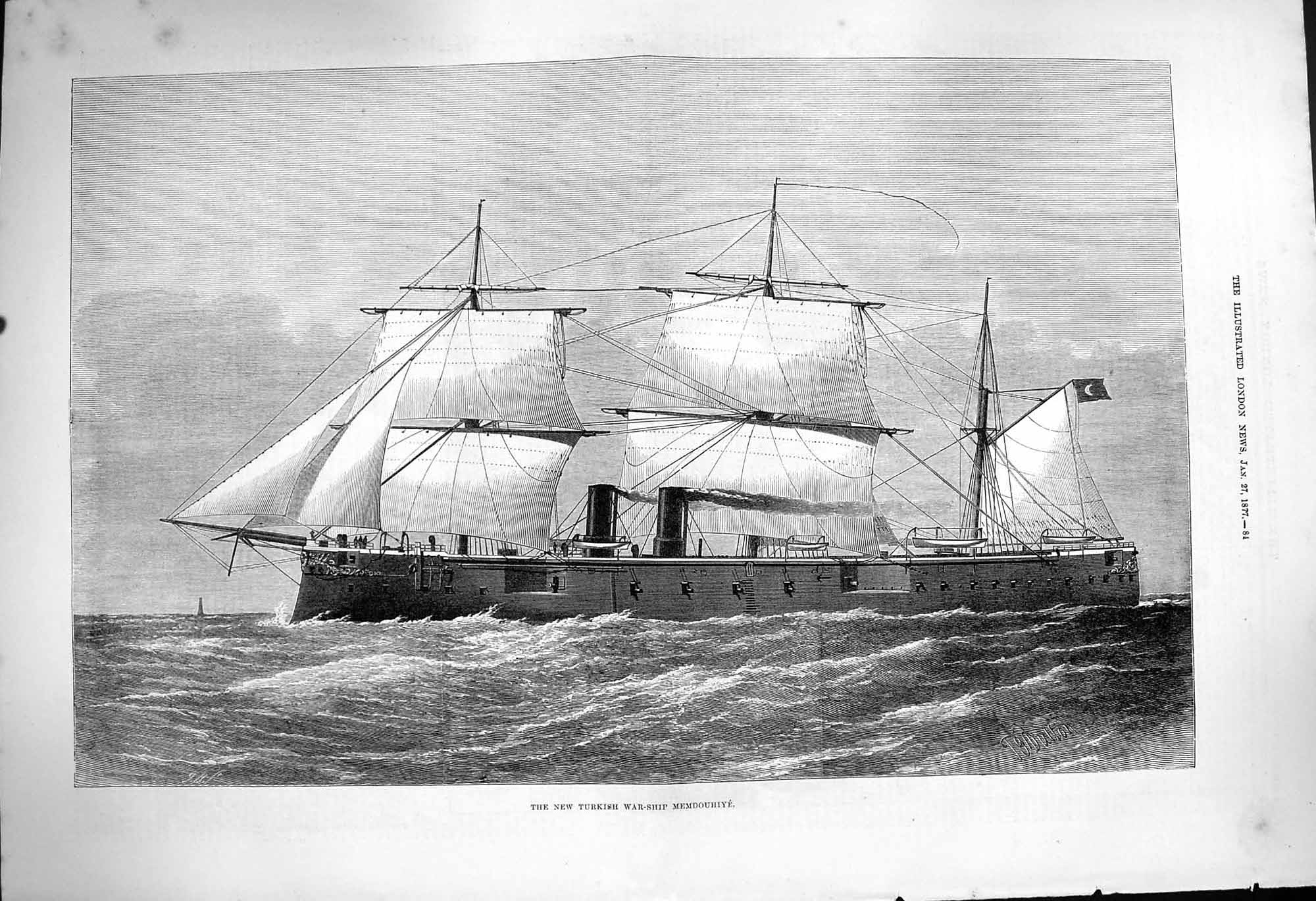 Original Old Antique Print 1877 New Turkish War Ship Mem 19th Century