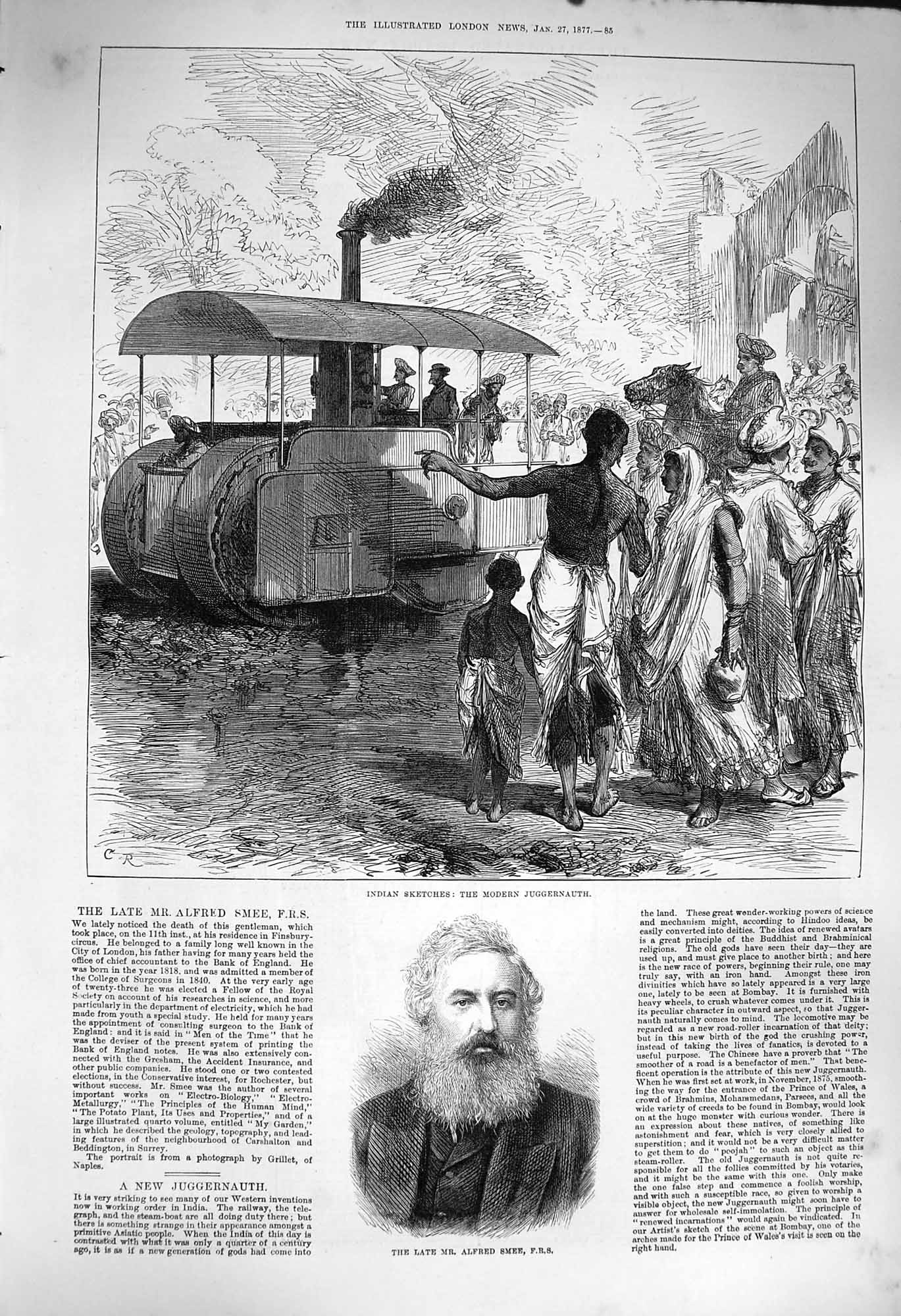 Original Old Antique Print 1877 India Modern Juggernauth Portriat Alfred Smee