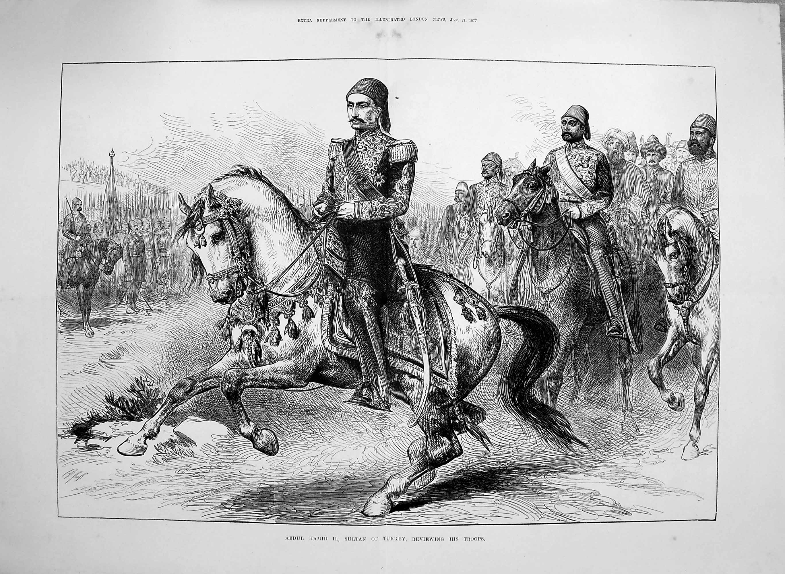 Original Old Antique Print 1877 Abdul Hamid Sultan Turkey Horses Siers Troops 0