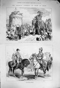 Original Old Antique Print 1877 India Delhi Lord Lytton Flagstaff Tower Heralds