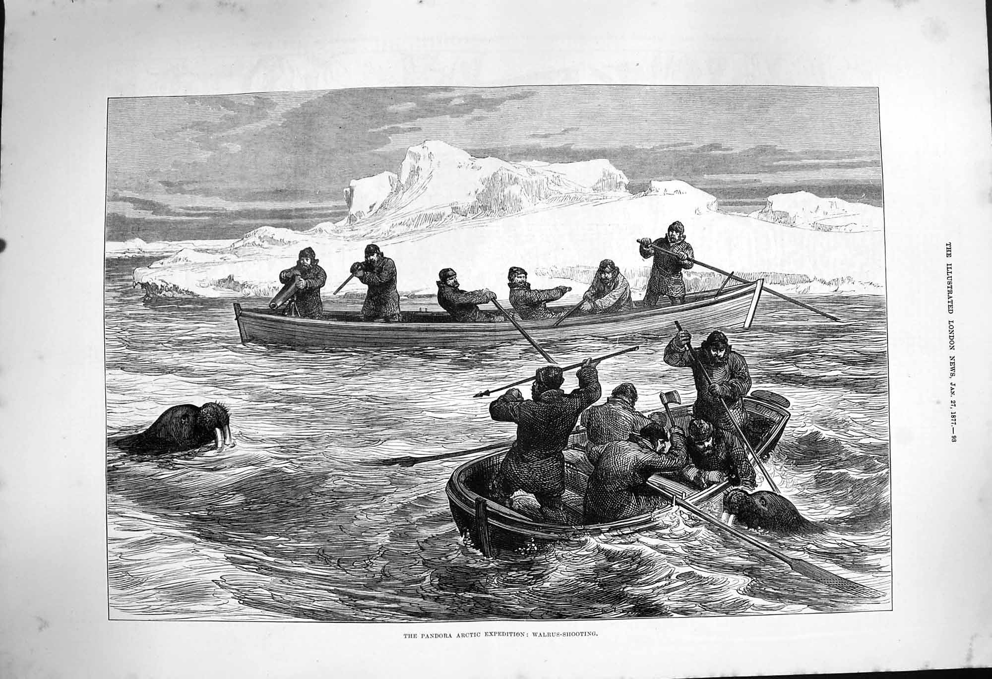 Original Old Antique Print 1877 Pandora Arctic Expedition Walrus Shooting Boats