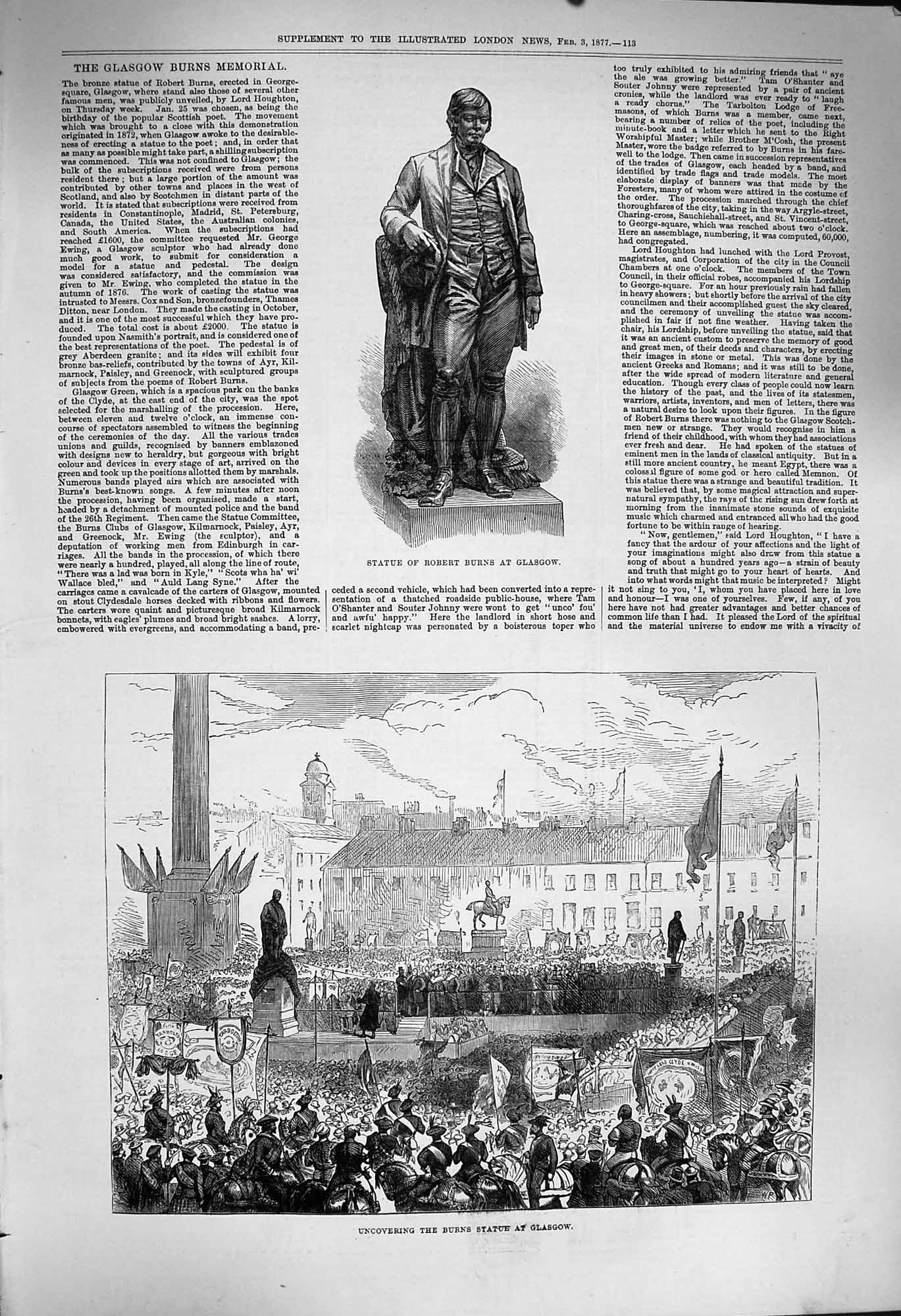 Original Old Antique Print 1877 Memorial Statue Robert Burns Glasgow S Victorian