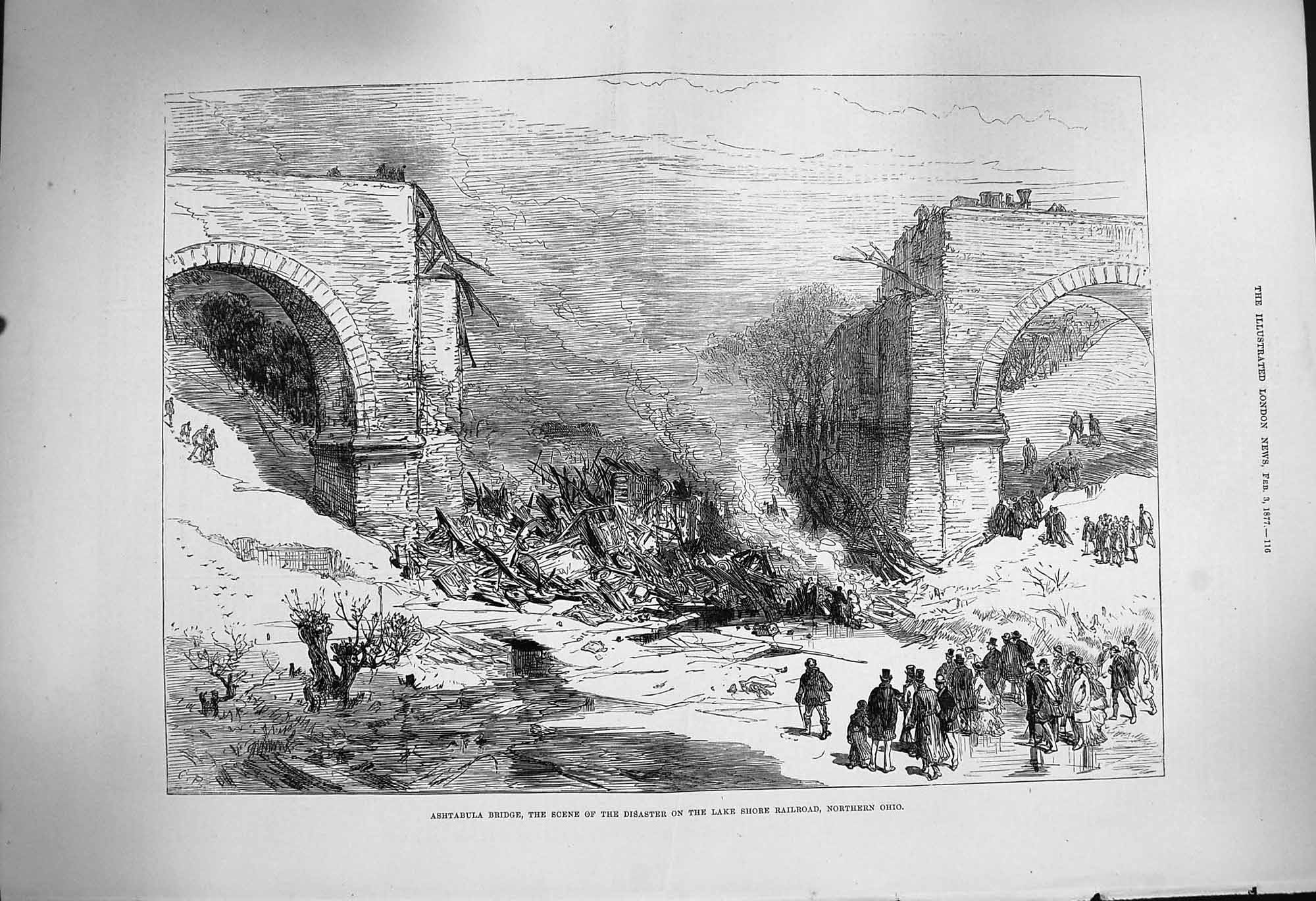 Original Old Antique Print 1877 Ashtabula Bridge Lake Shore Railroad Railwa 19th
