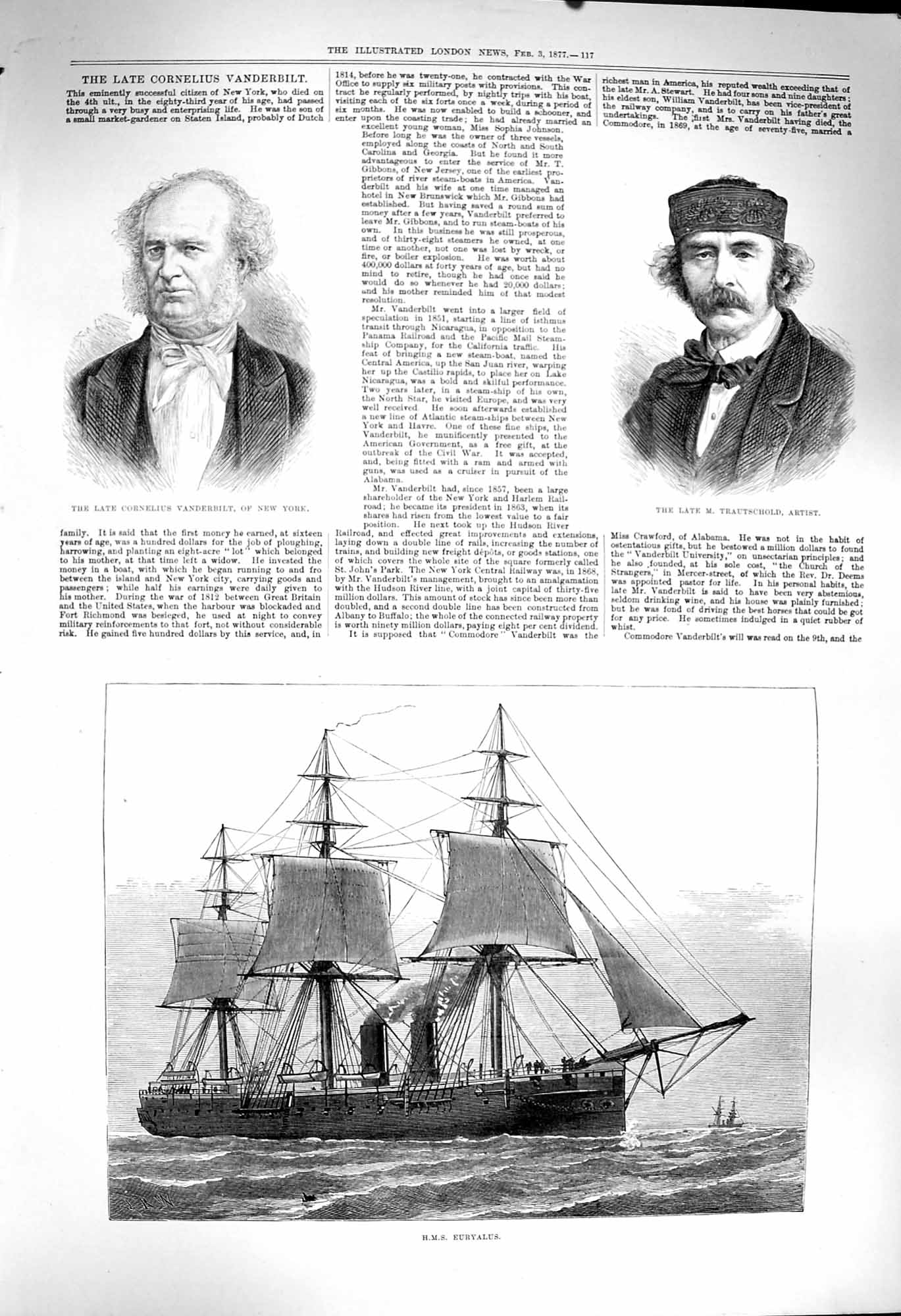 Original Old Antique Print 1877 Cornelius Vanderbilt TrautschShip Euryalus 19th