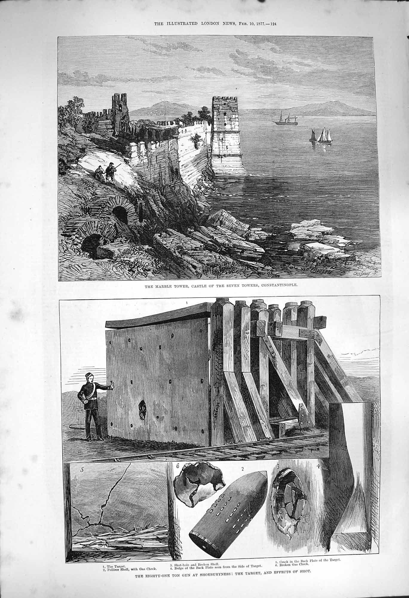 Original Old Antique Print 1877 Marble Tower Castle Towers Gun Shoeburyness