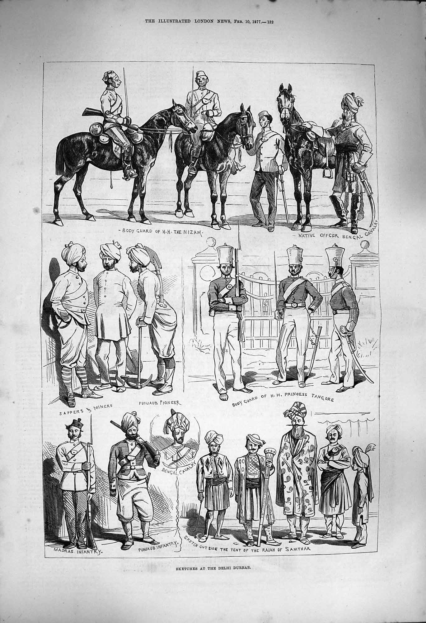 Original Old Antique Print 1877 Delhi Durbar Bengal Cavalry Body Guard Pioneer