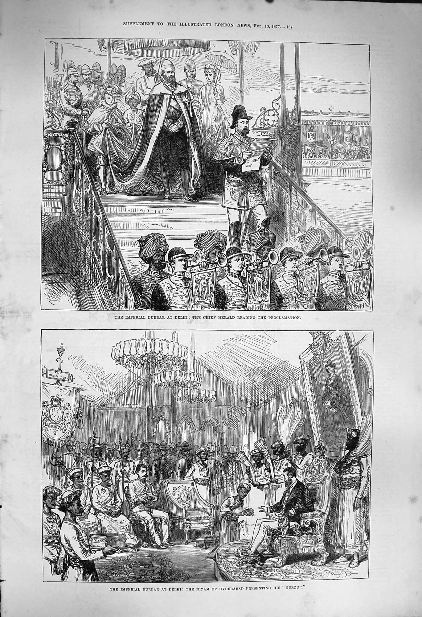 Original Old Antique Print 1877 Imperial Durbar Delhi Nizam Hyderabad Victorian