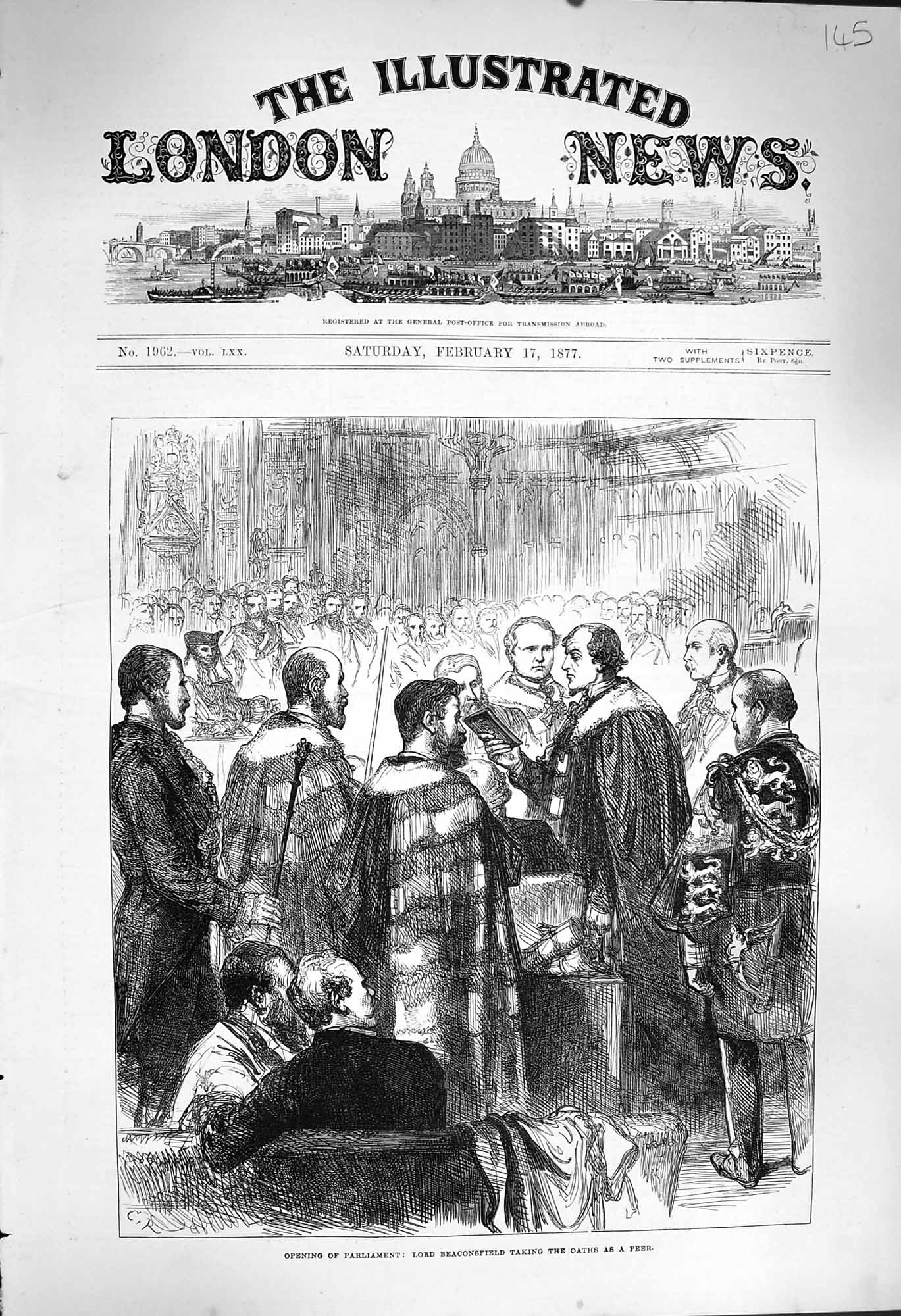 Original Old Antique Print 1877 Opening Parliament Lord Beaconsfield Oath Peer