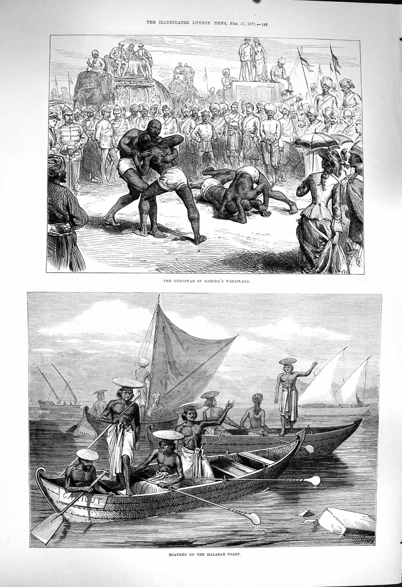 Original Old Antique Print 1877 Guicowar Baroda Wrestlers Boatmen Malabar Boat