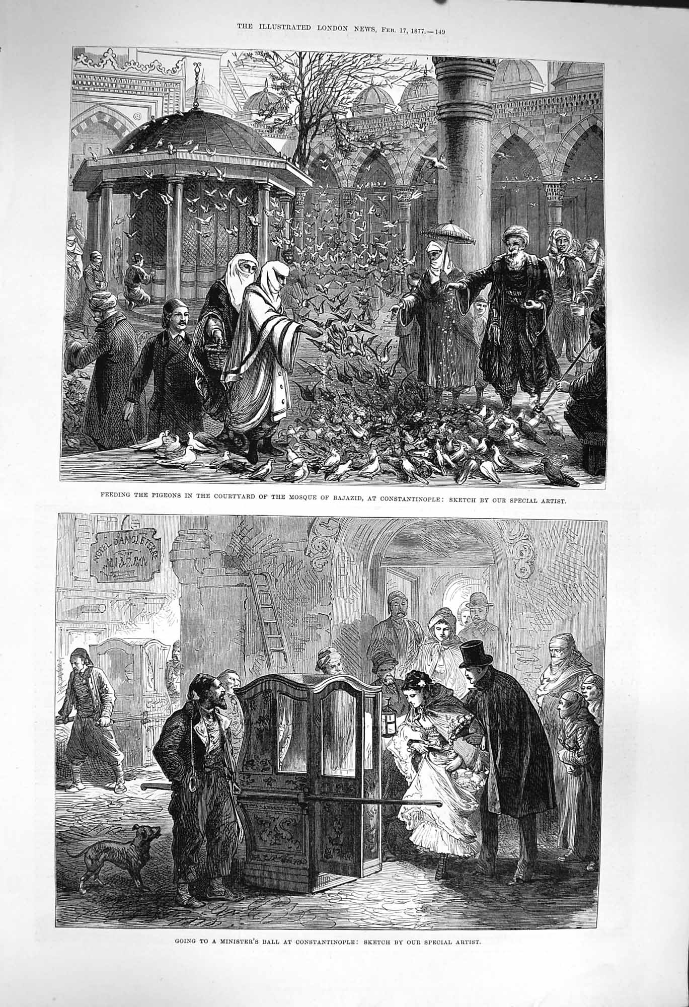 Original Old Antique Print 1877 Pigeons Courtyard Mosque Bajazid Constantinople