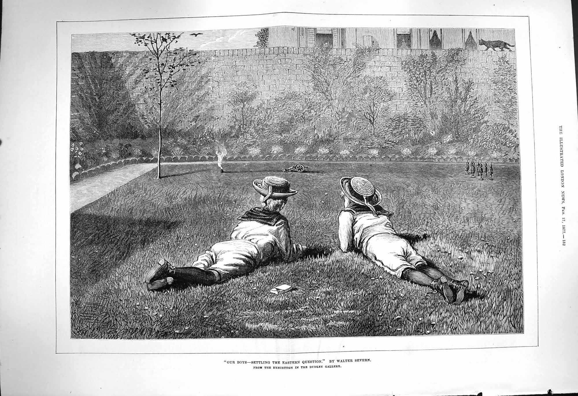 Original Old Antique Print 1877 Our Private School Boys Garden Walter Severn