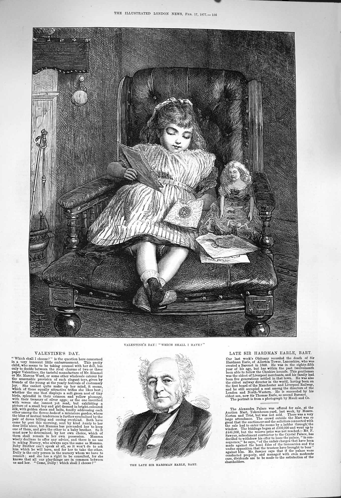 Original Old Antique Print 1877 Portrait Sir Hardman Earle Valentines D 19th