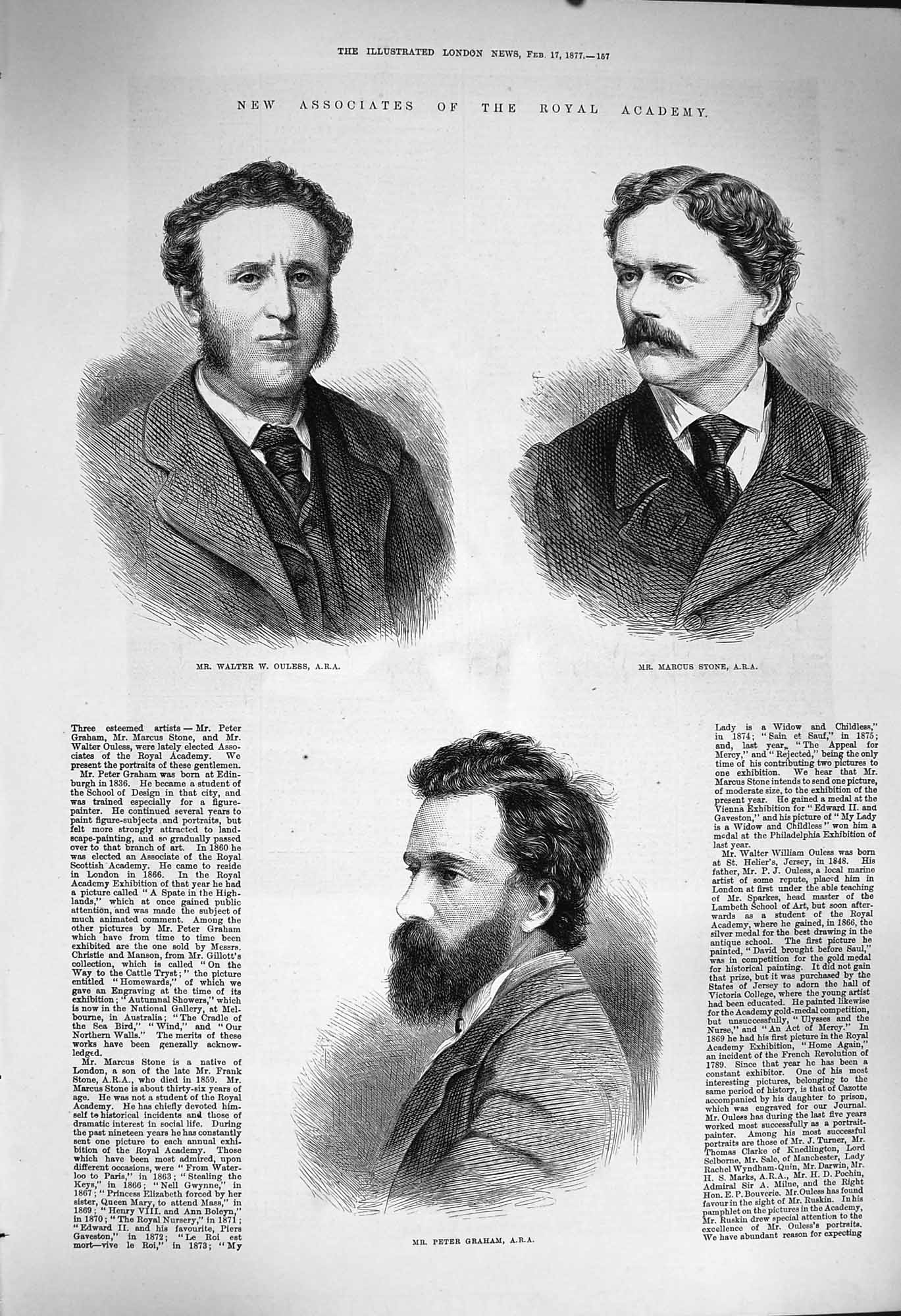 Original Old Antique Print 1877 Walter Ouless Marcus Stone Peter Graham Academy