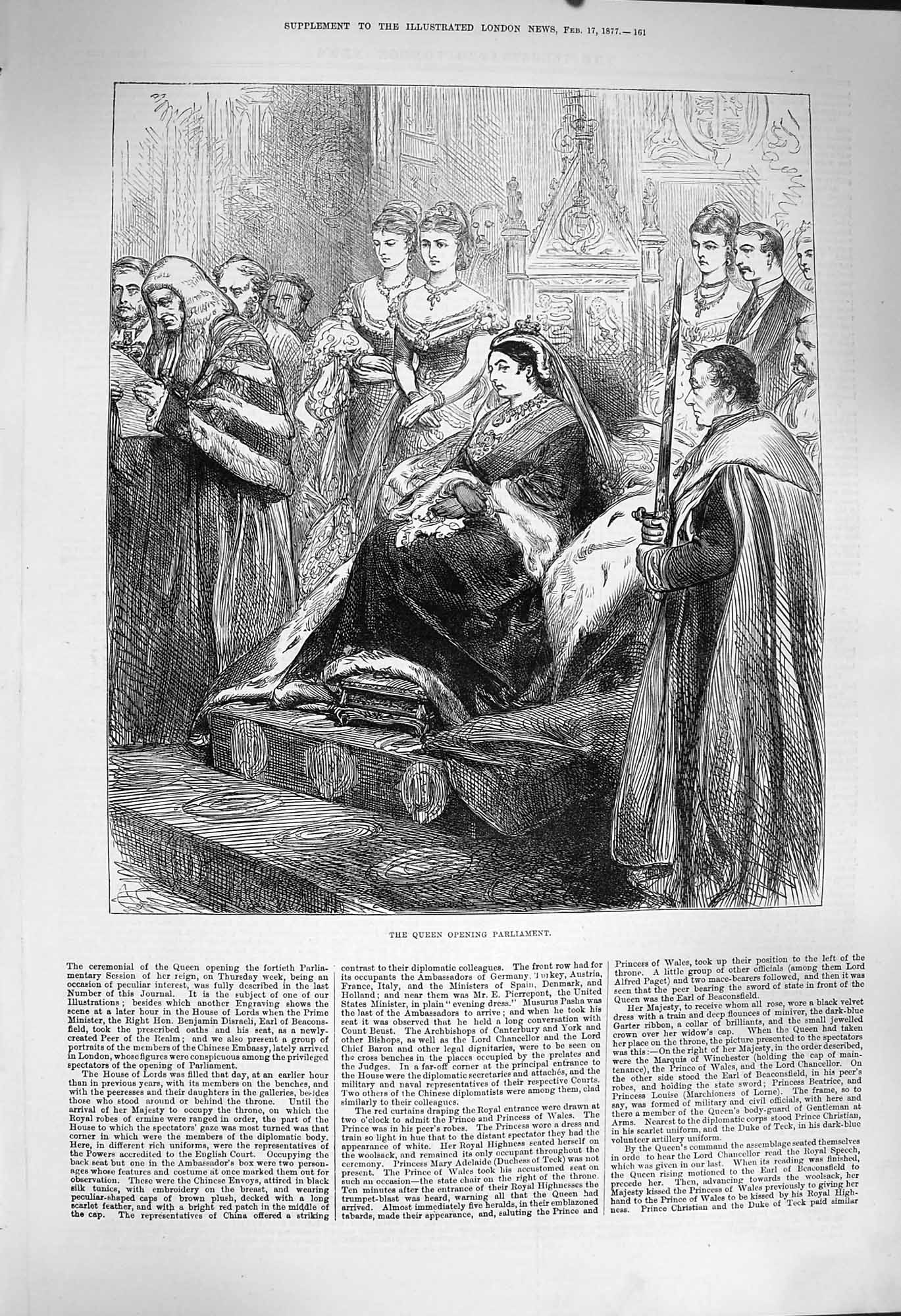 Original Old Antique Print 1877 Scene Queen England Throne Opening Parliament