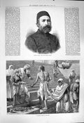 Original Old Antique Print 1877 Edhem Pasha Gand Vizier Bathing Scene Benares