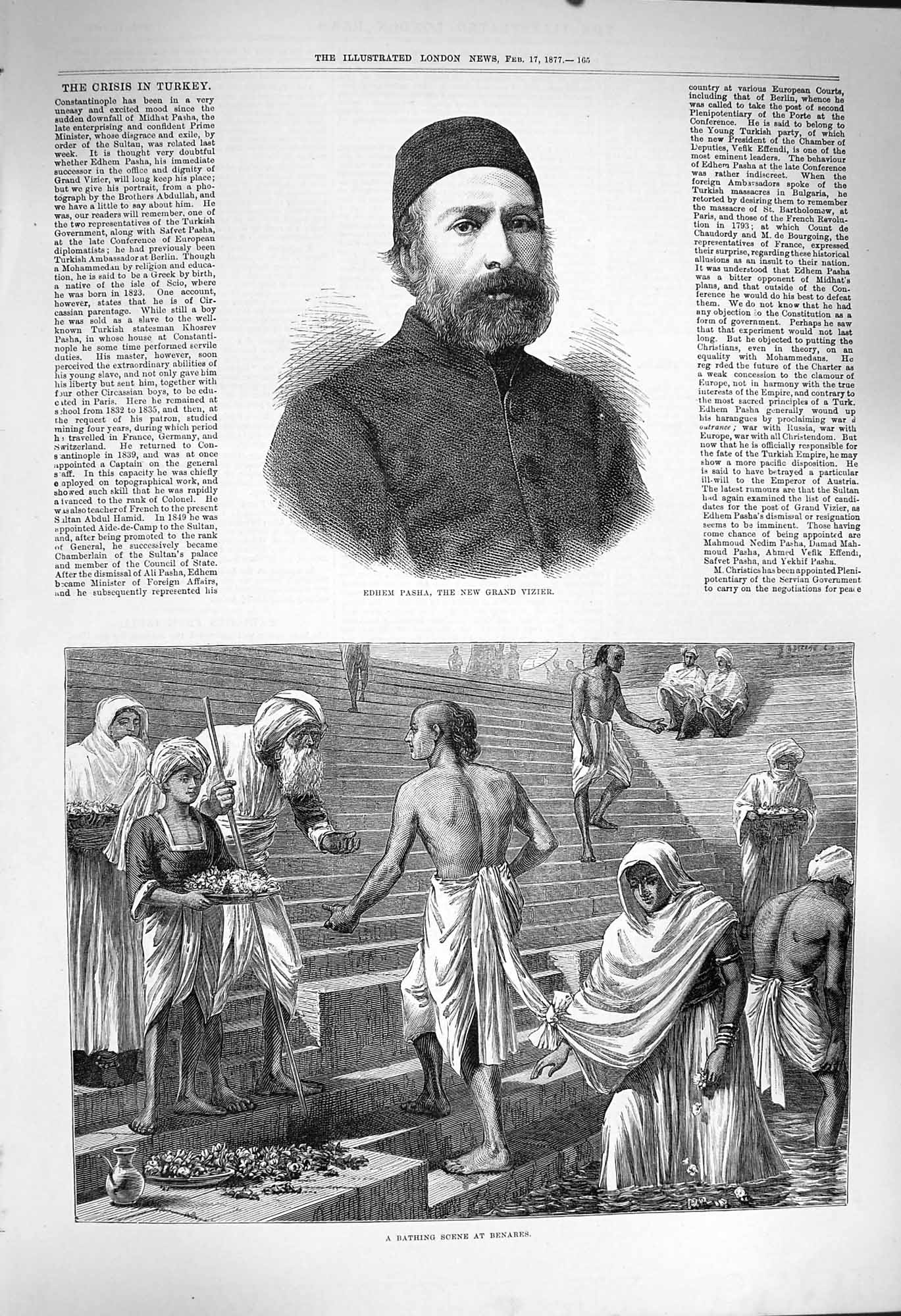 Original Old Antique Print 1877 Edhem Pasha Gand Vizier Bathing Scene Benares
