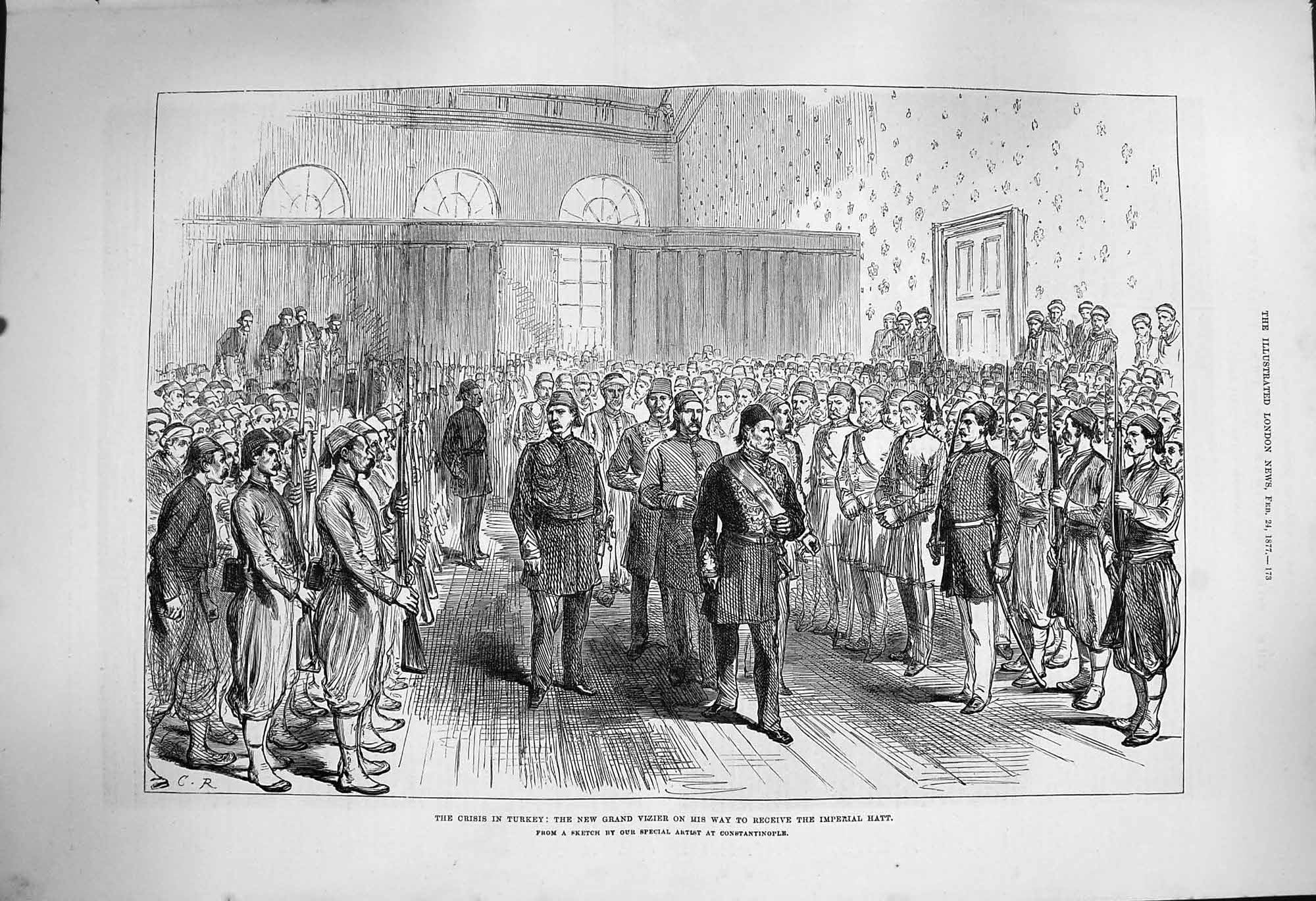 Original Old Antique Print 1877 Turkey Grand Vizier Imperial Hatt Siers Weapons